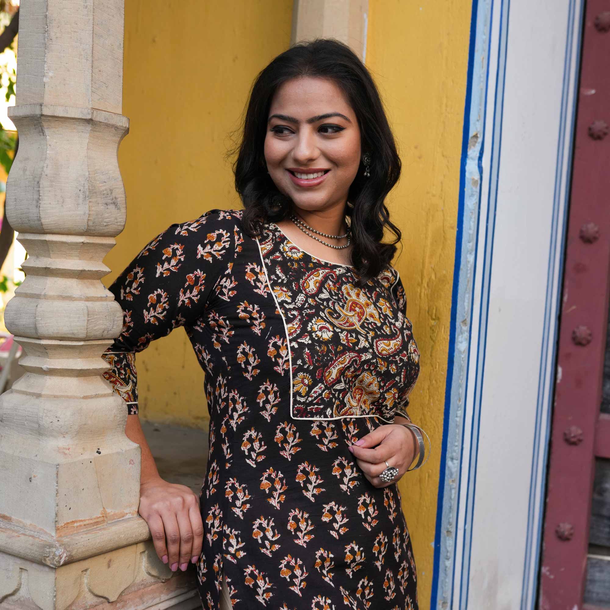 Hazelnut Hues Handblock Printed Floral Cotton Kurta