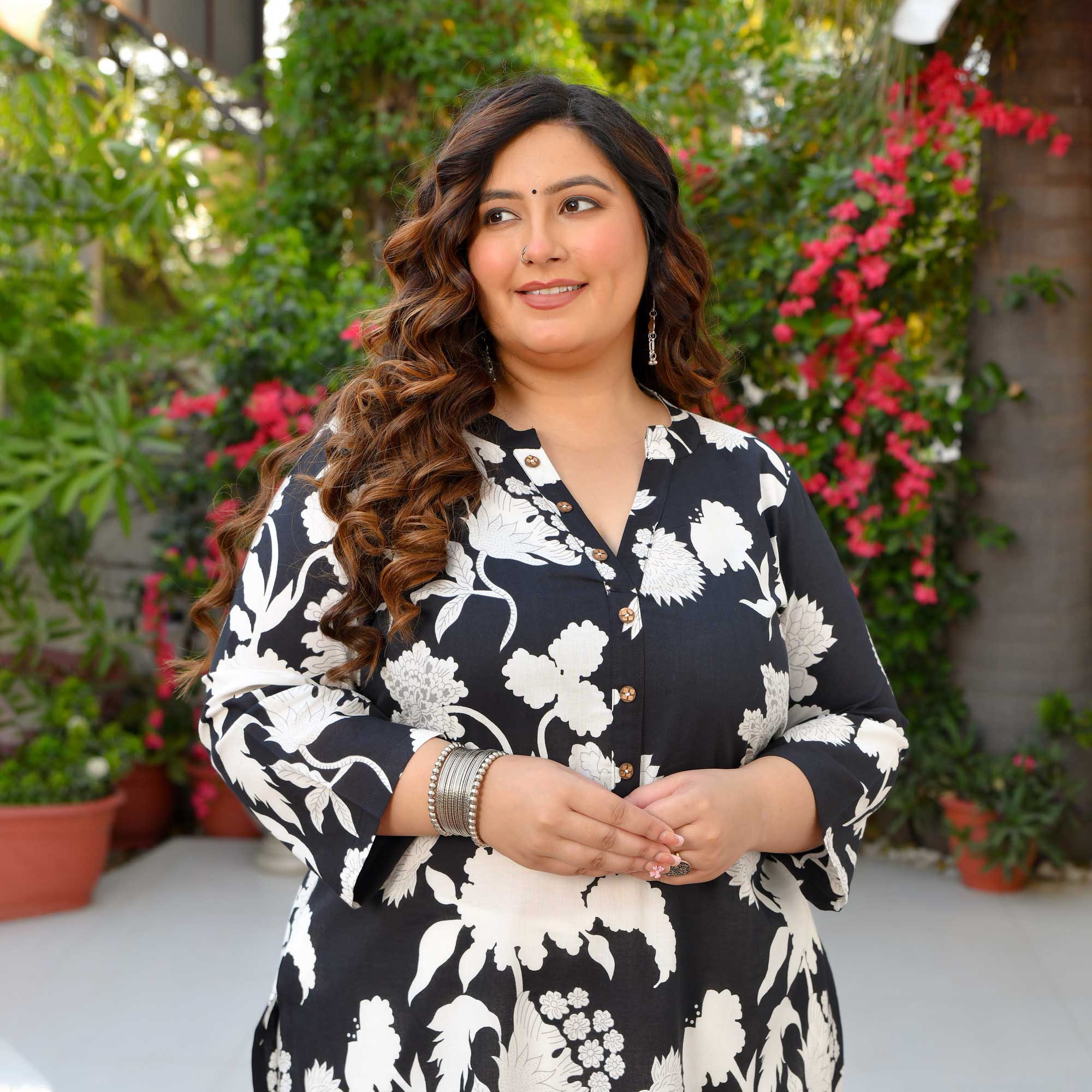 Peekaboo - Black & White Floral Pure Cotton Kurta