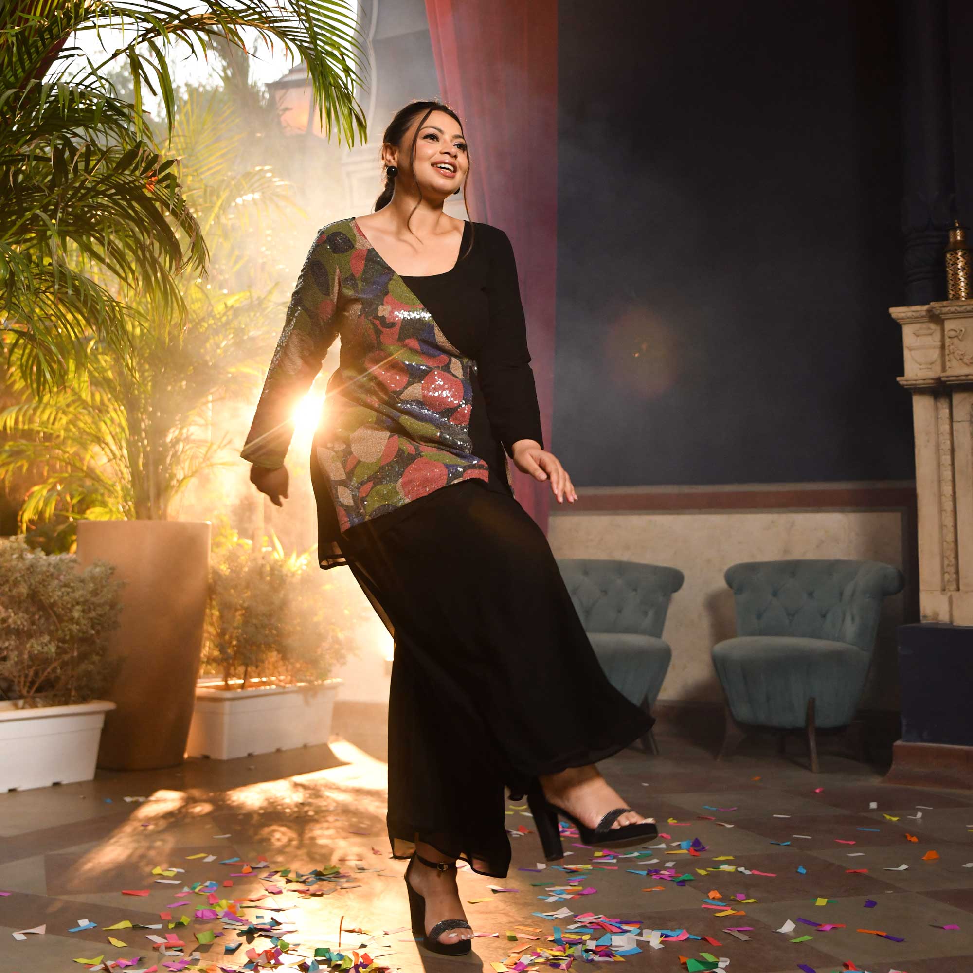 Grove In Black Galaxy Sequin Georgette Co-Ord Set