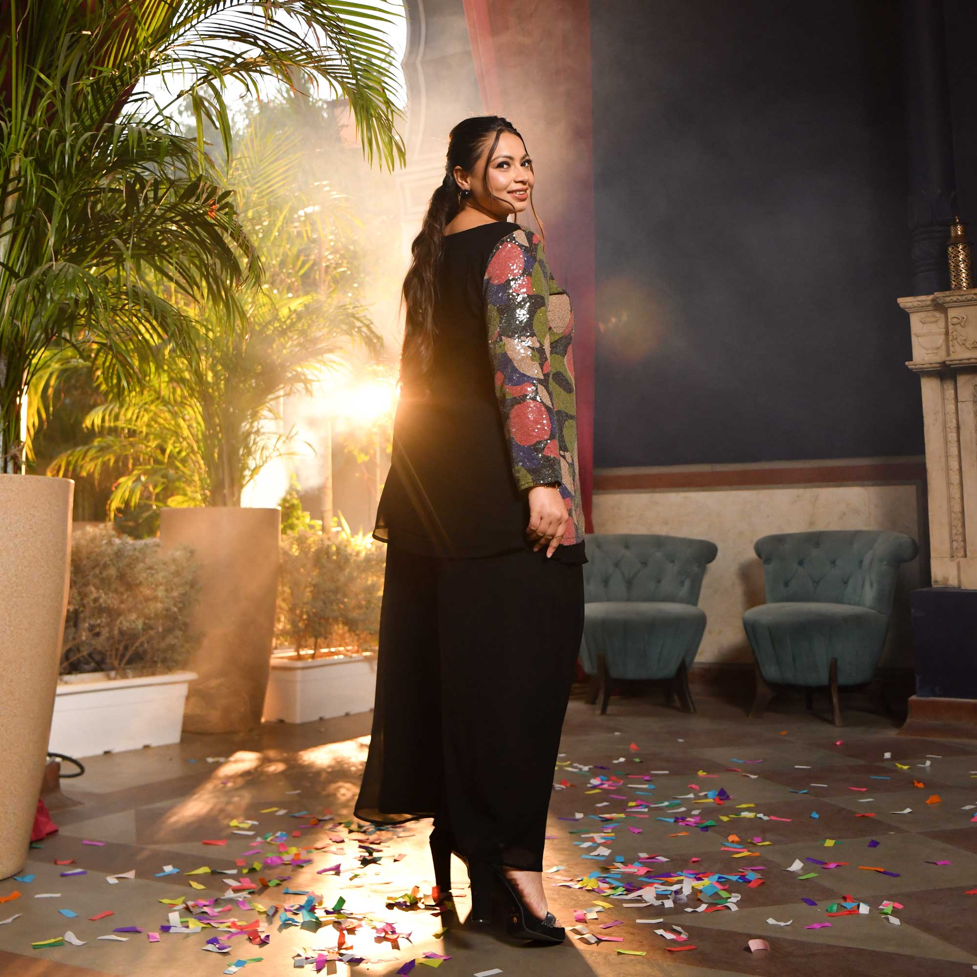 Grove In Black Galaxy Sequin Georgette Co-Ord Set