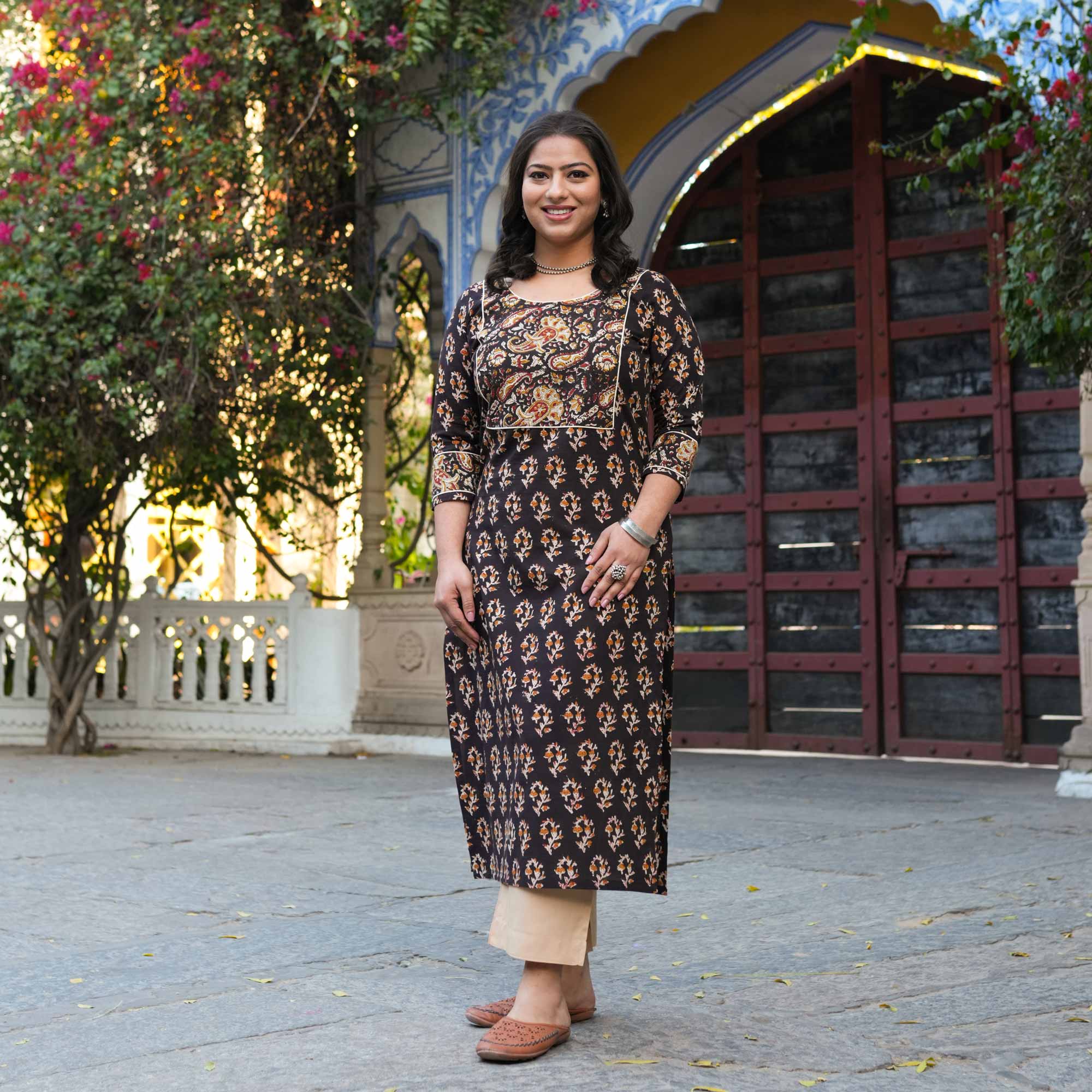Hazelnut Hues Handblock Printed Floral Cotton Kurta
