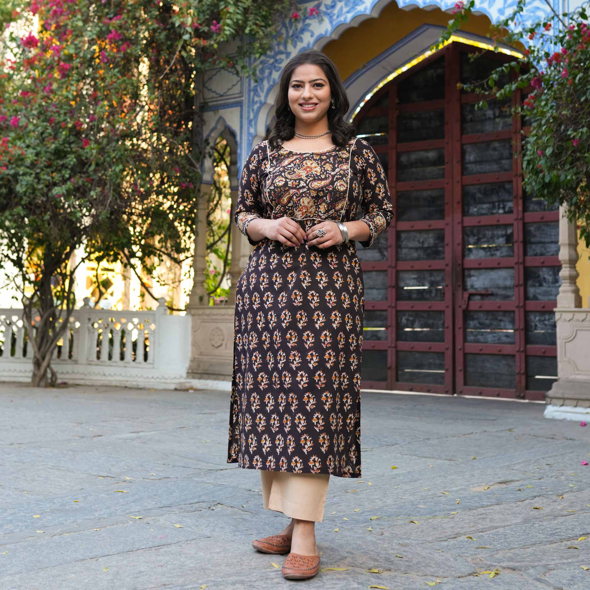 Hazelnut Hues Handblock Printed Floral Cotton Kurta