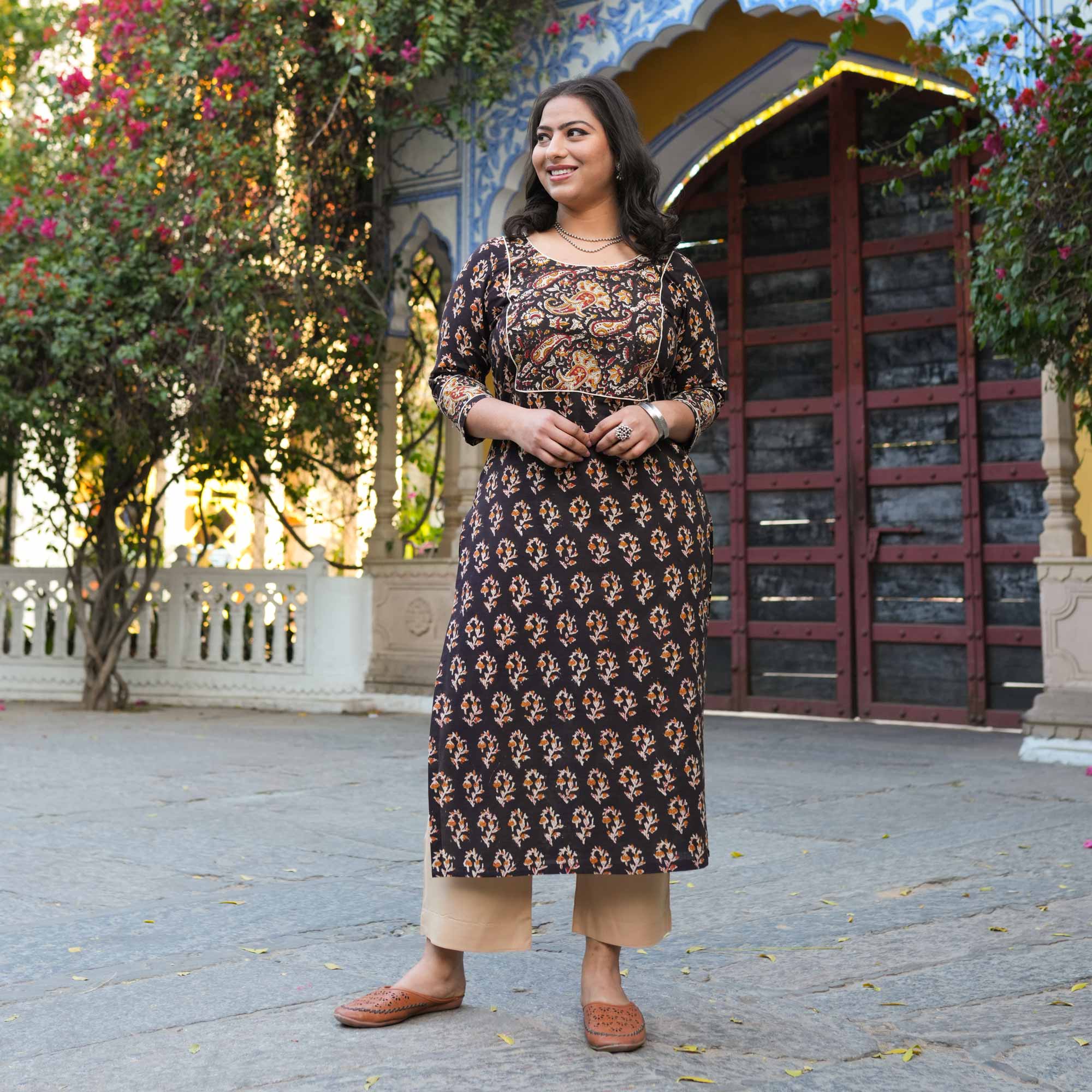 Hazelnut Hues Handblock Printed Floral Cotton Kurta