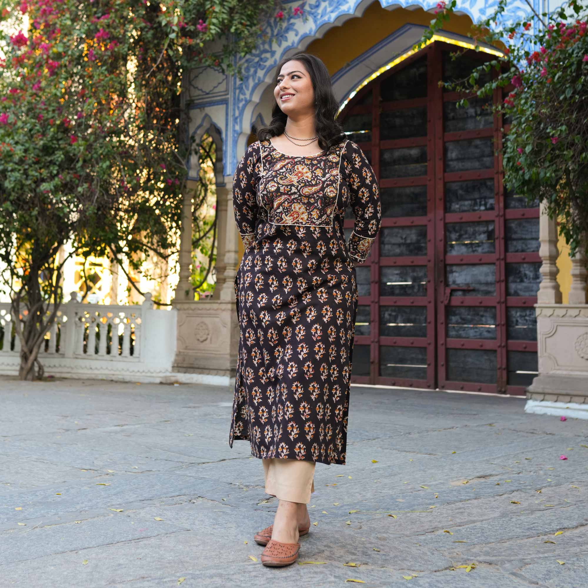 Hazelnut Hues Handblock Printed Floral Cotton Kurta