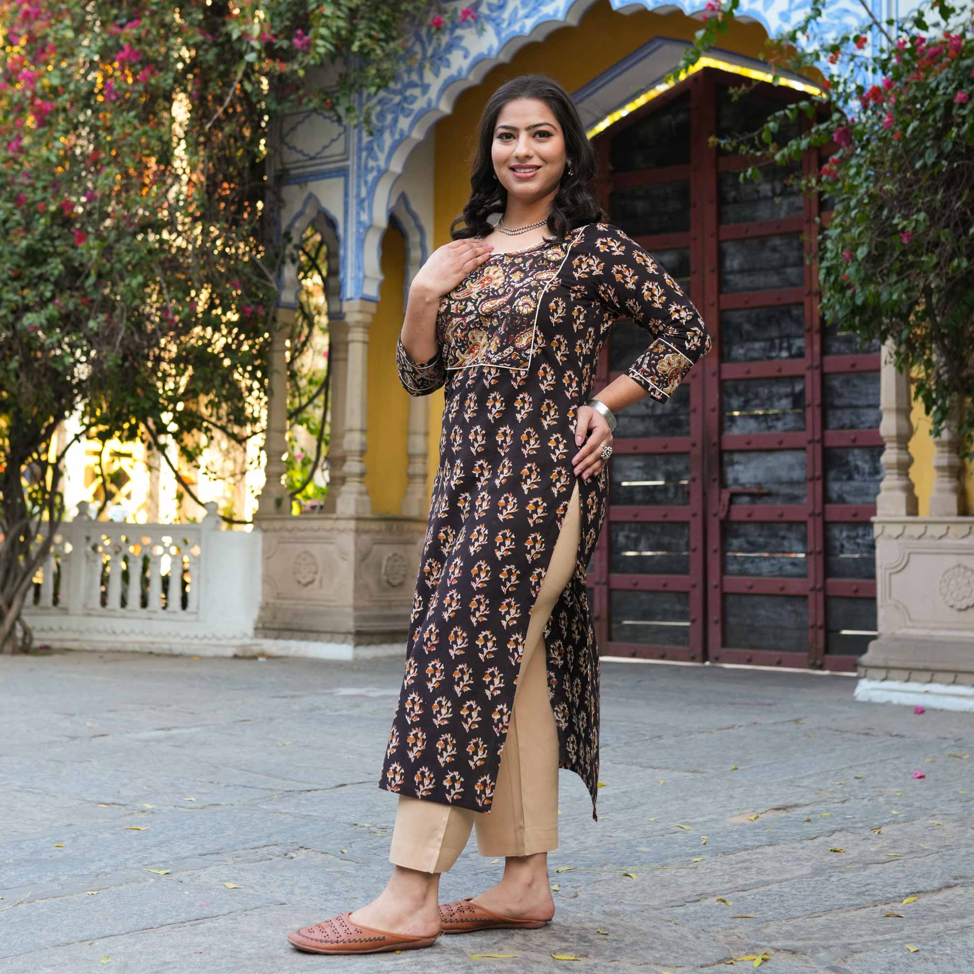 Hazelnut Hues Handblock Printed Floral Cotton Kurta