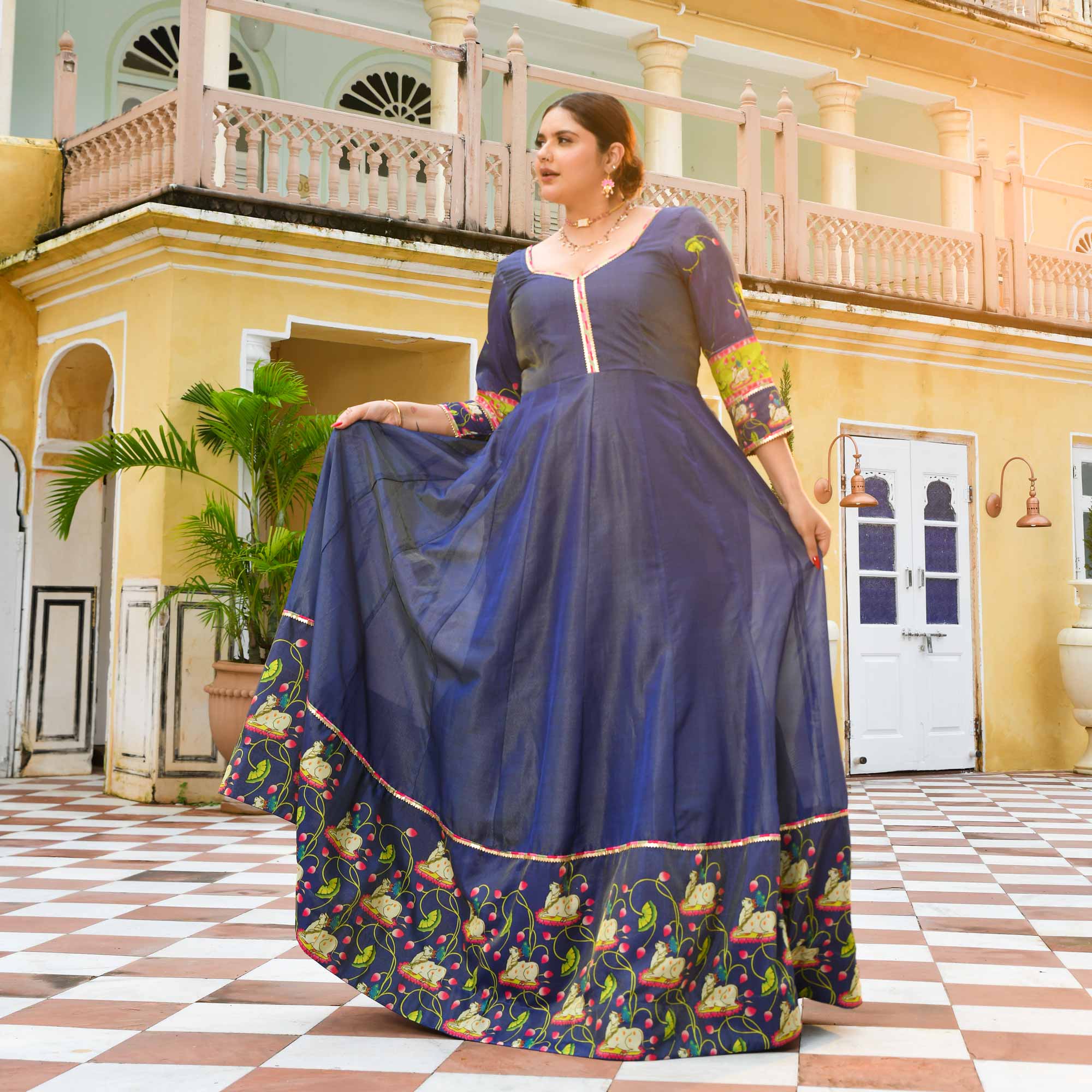 Neel Aabha- Blue Tissue Silk Pichwai Printed Anarkali Set
