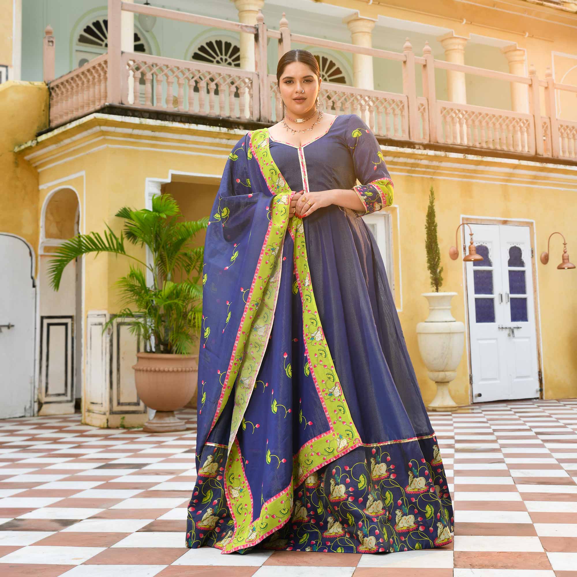 Neel Aabha- Blue Tissue Silk Pichwai Printed Anarkali Set