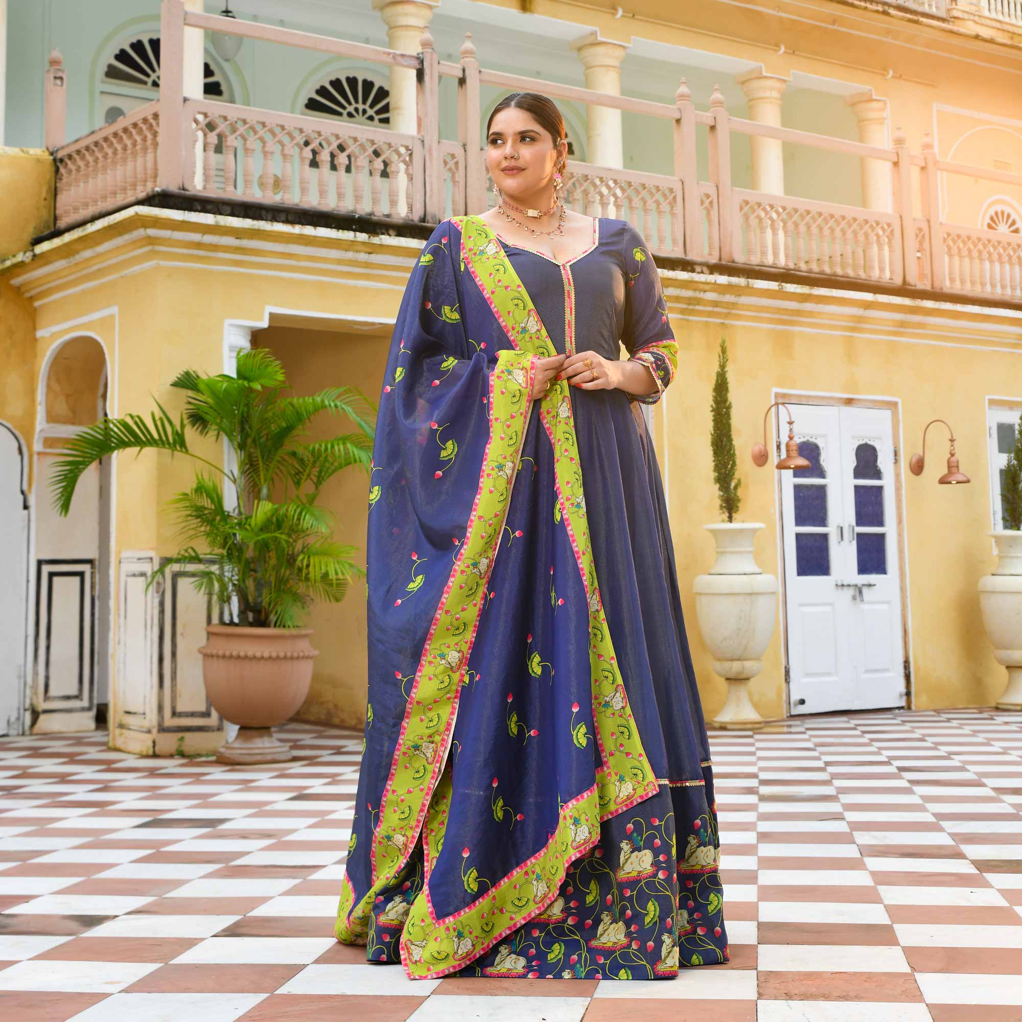 Neel Aabha- Blue Tissue Silk Pichwai Printed Anarkali Set