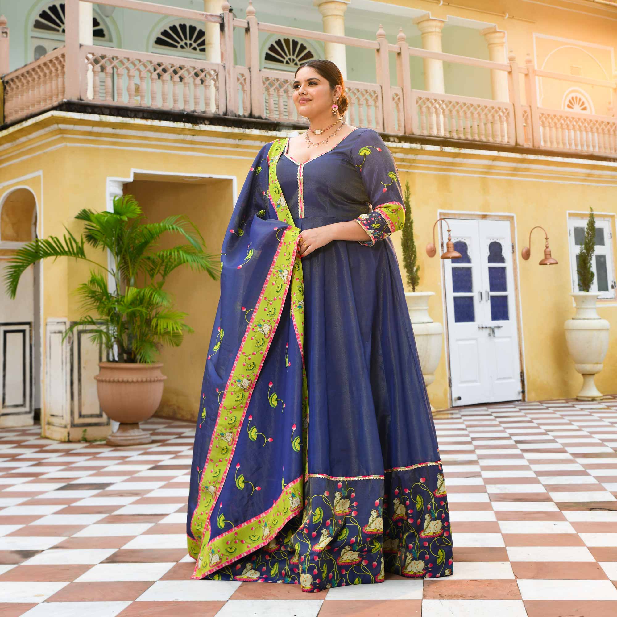 Neel Aabha- Blue Tissue Silk Pichwai Printed Anarkali Set