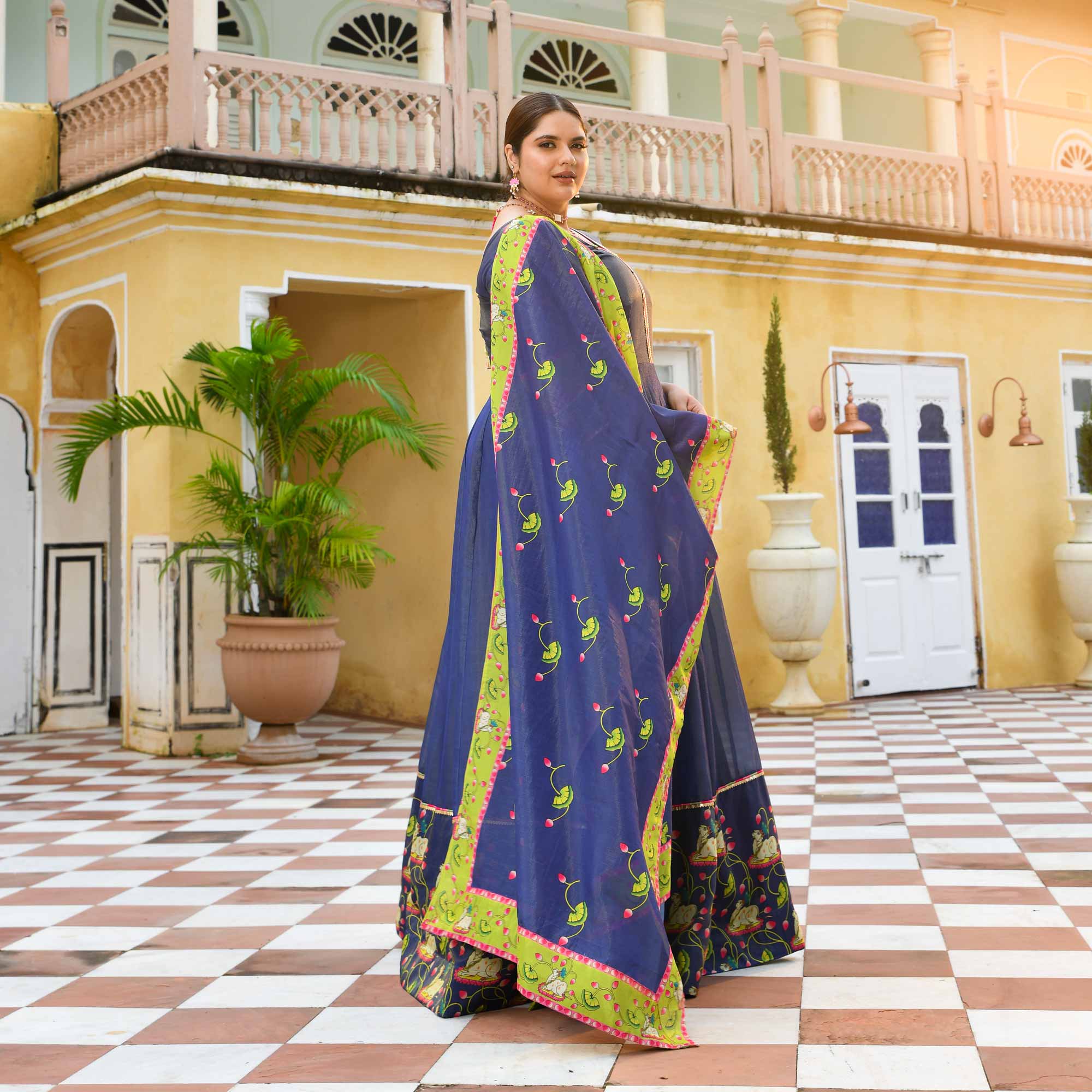 Neel Aabha- Blue Tissue Silk Pichwai Printed Anarkali Set