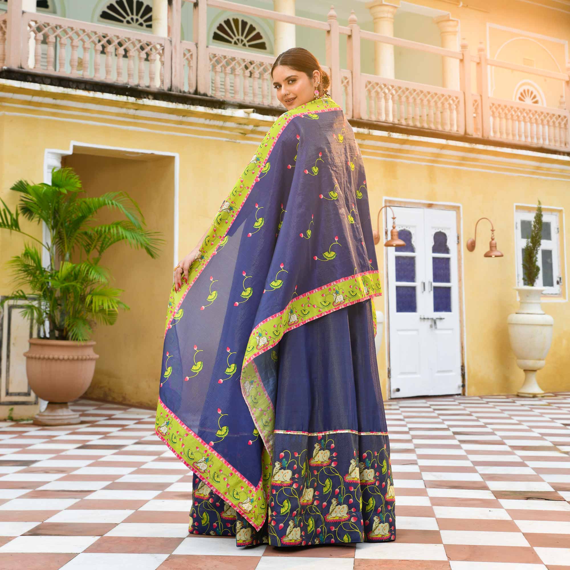 Neel Aabha- Blue Tissue Silk Pichwai Printed Anarkali Set