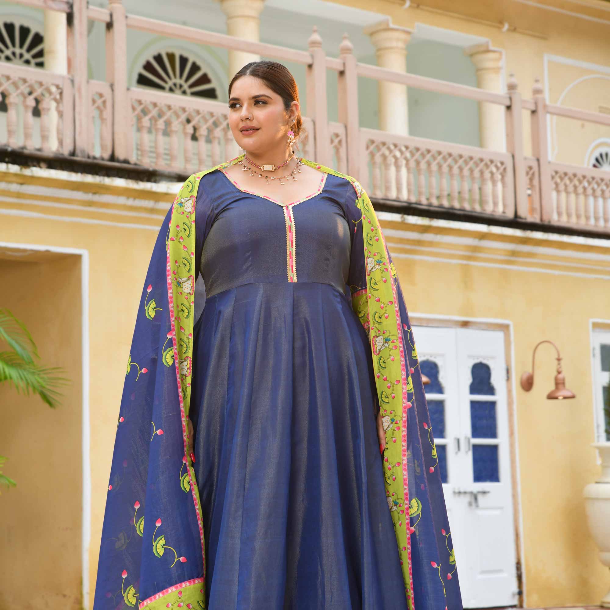 Neel Aabha- Blue Tissue Silk Pichwai Printed Anarkali Set