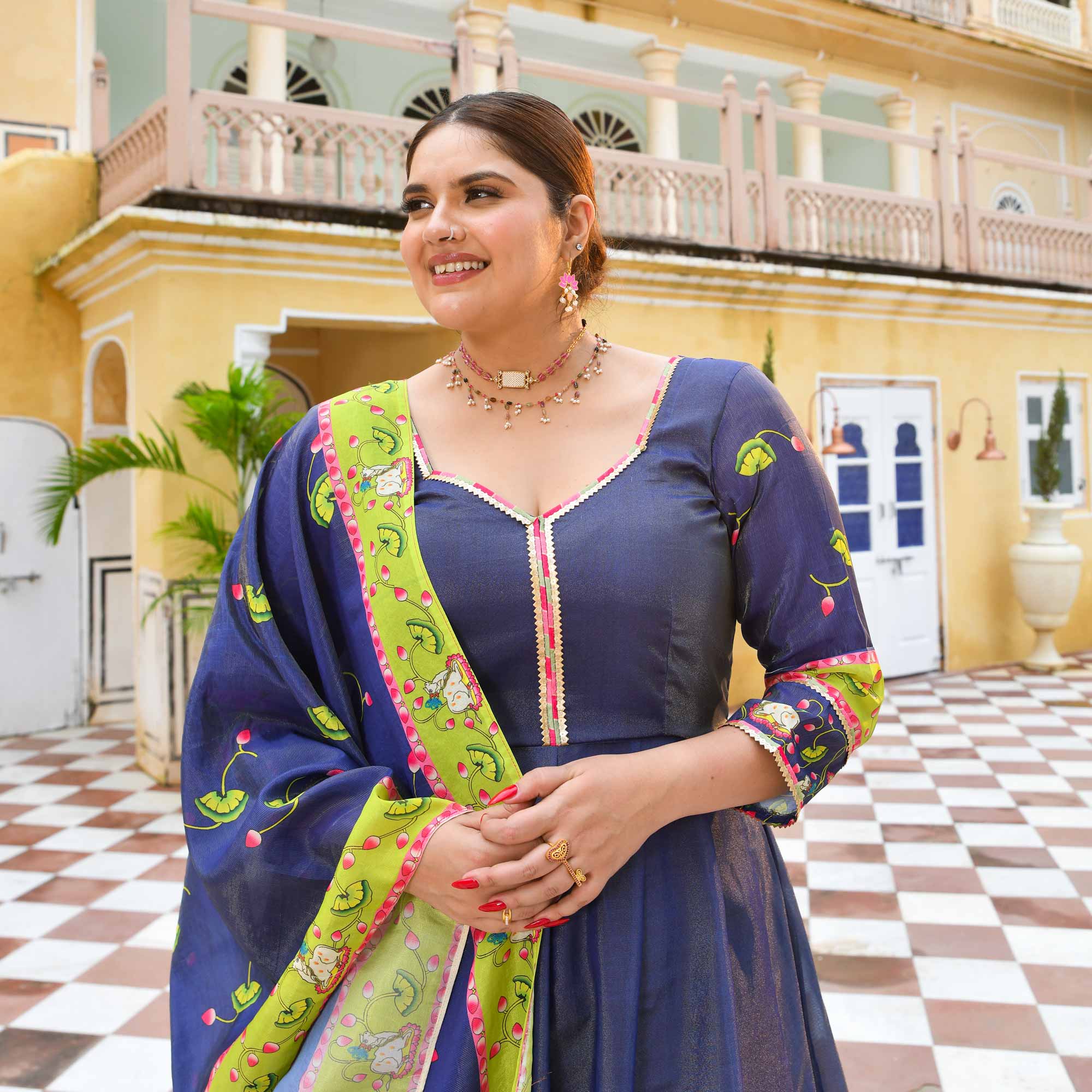 Neel Aabha- Blue Tissue Silk Pichwai Printed Anarkali Set