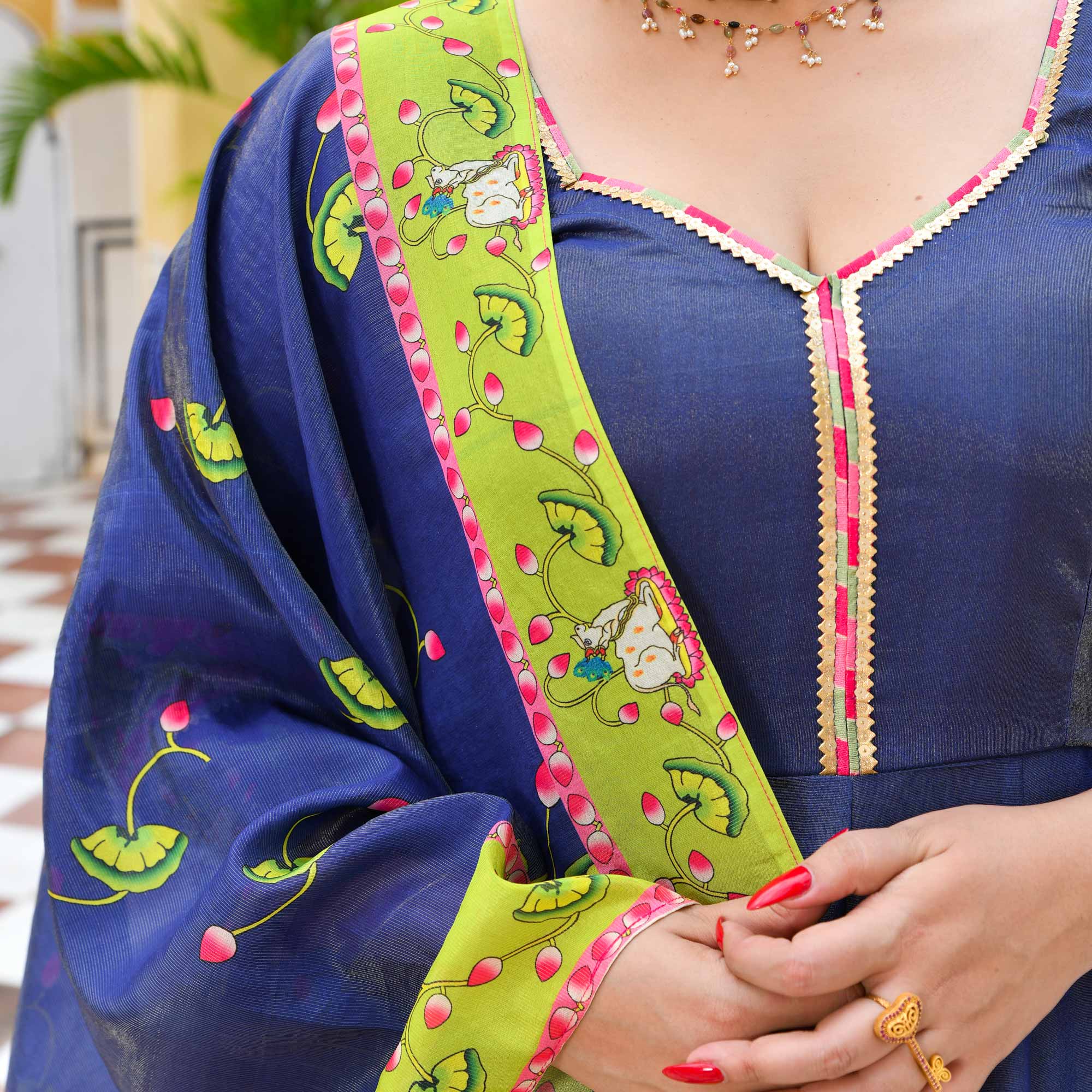 Neel Aabha- Blue Tissue Silk Pichwai Printed Anarkali Set