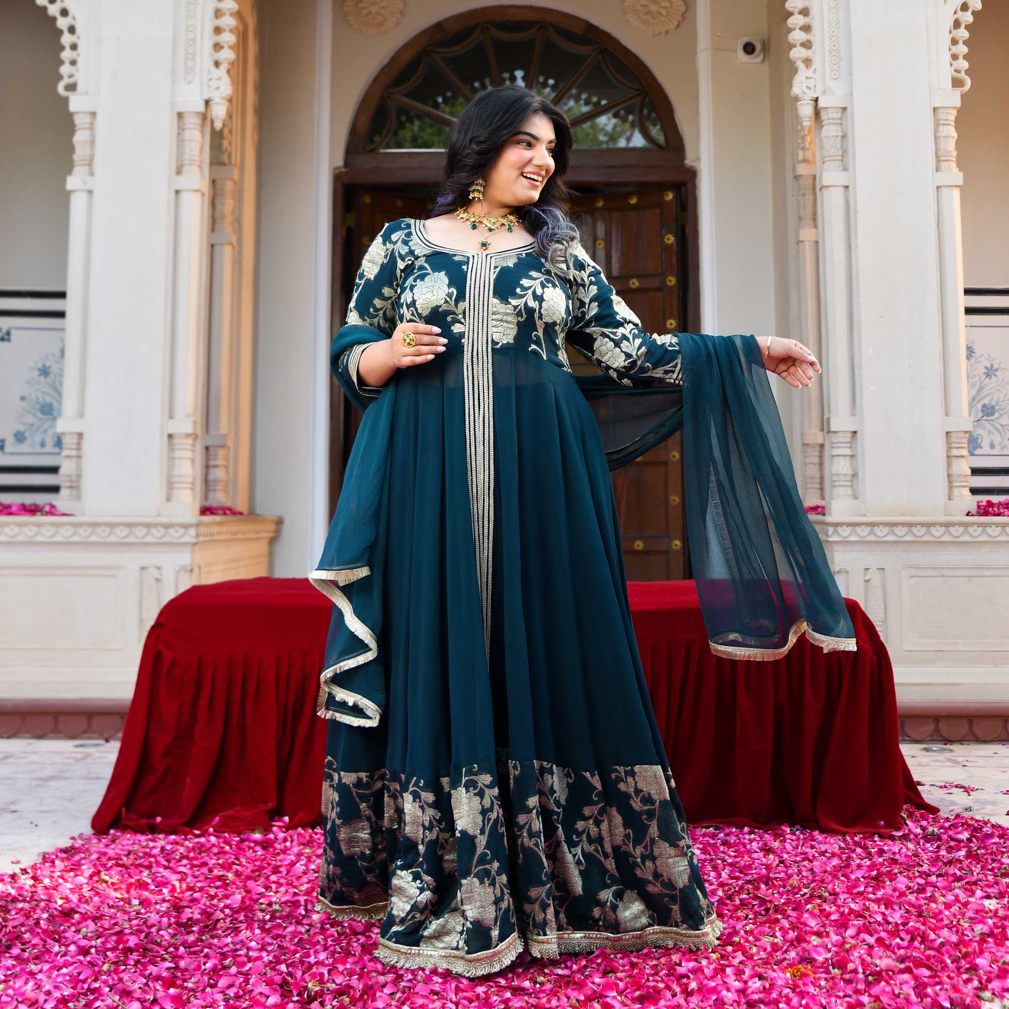Ambrai- Teal Blue Banarasi Pure Georgette Anarkali Skirt Set