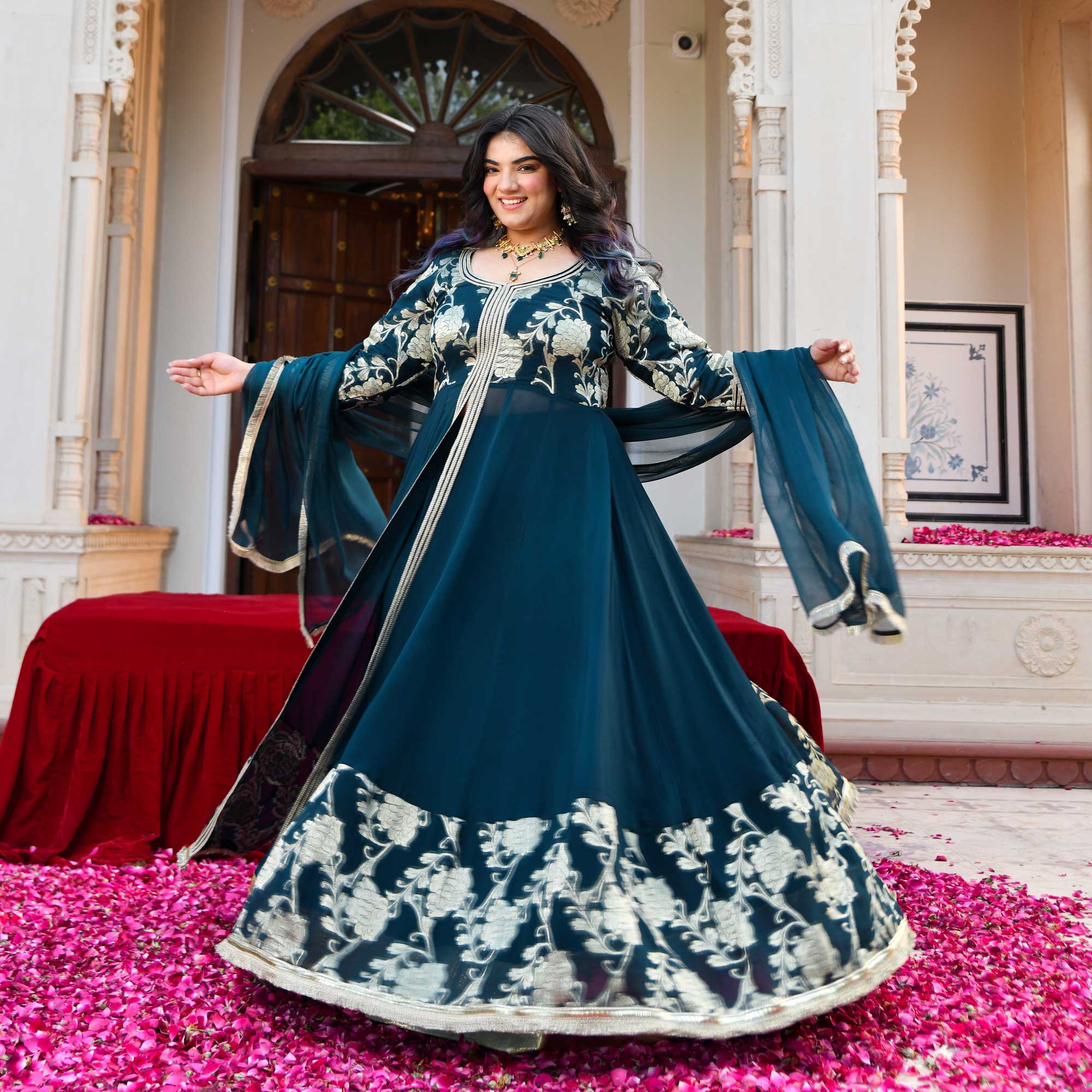 Ambrai- Teal Blue Banarasi Pure Georgette Anarkali Skirt Set