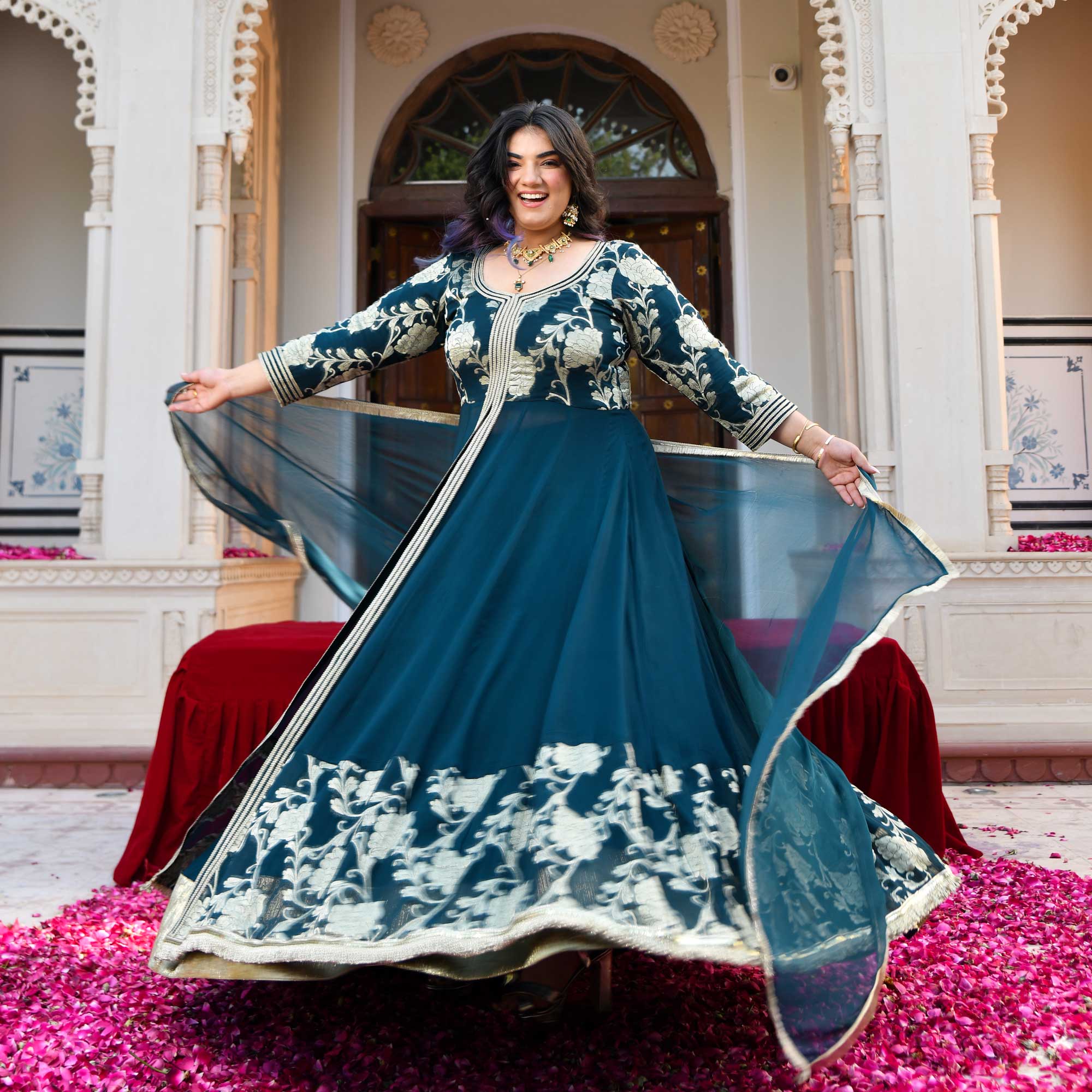 Ambrai- Teal Blue Banarasi Pure Georgette Anarkali Skirt Set