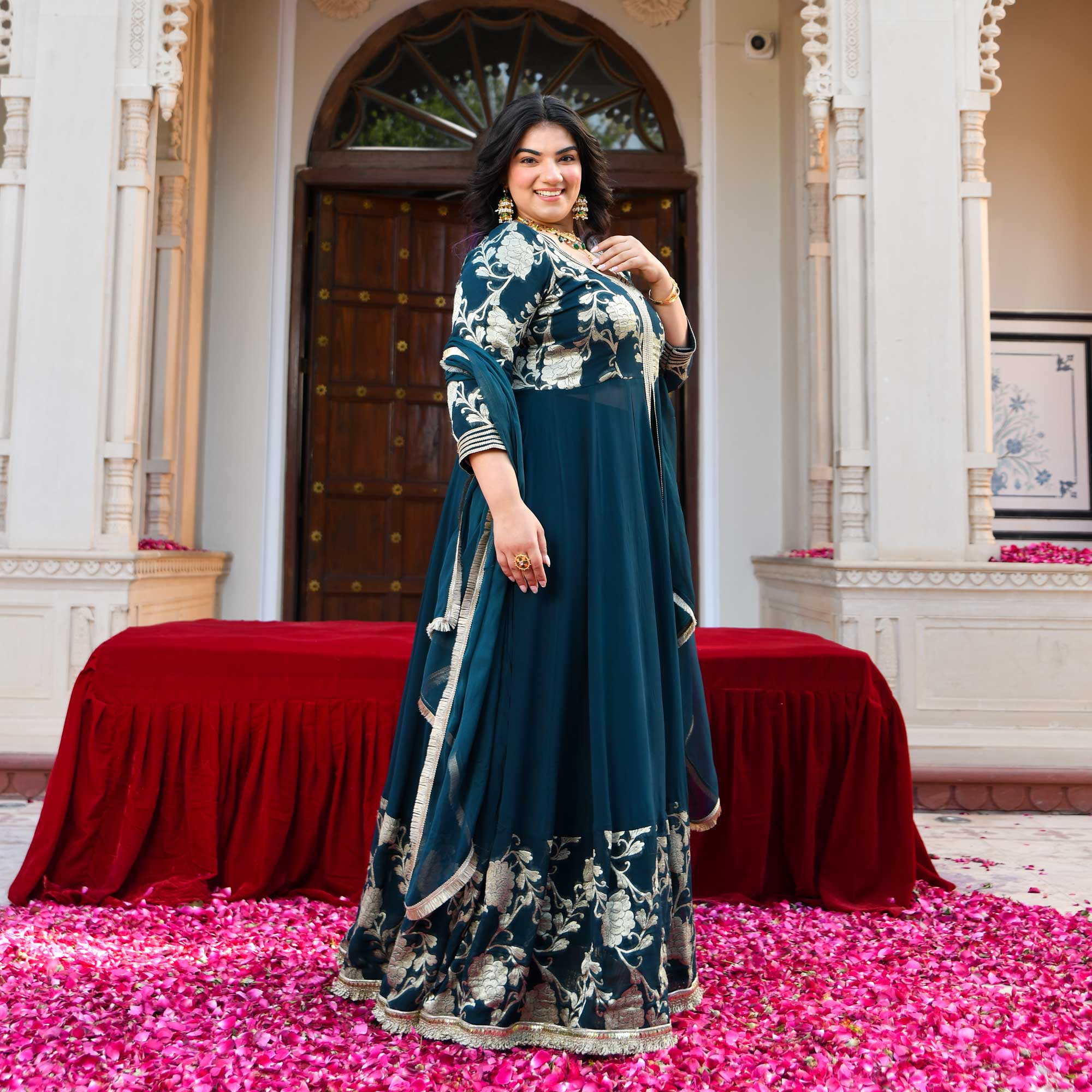 Ambrai- Teal Blue Banarasi Pure Georgette Anarkali Skirt Set