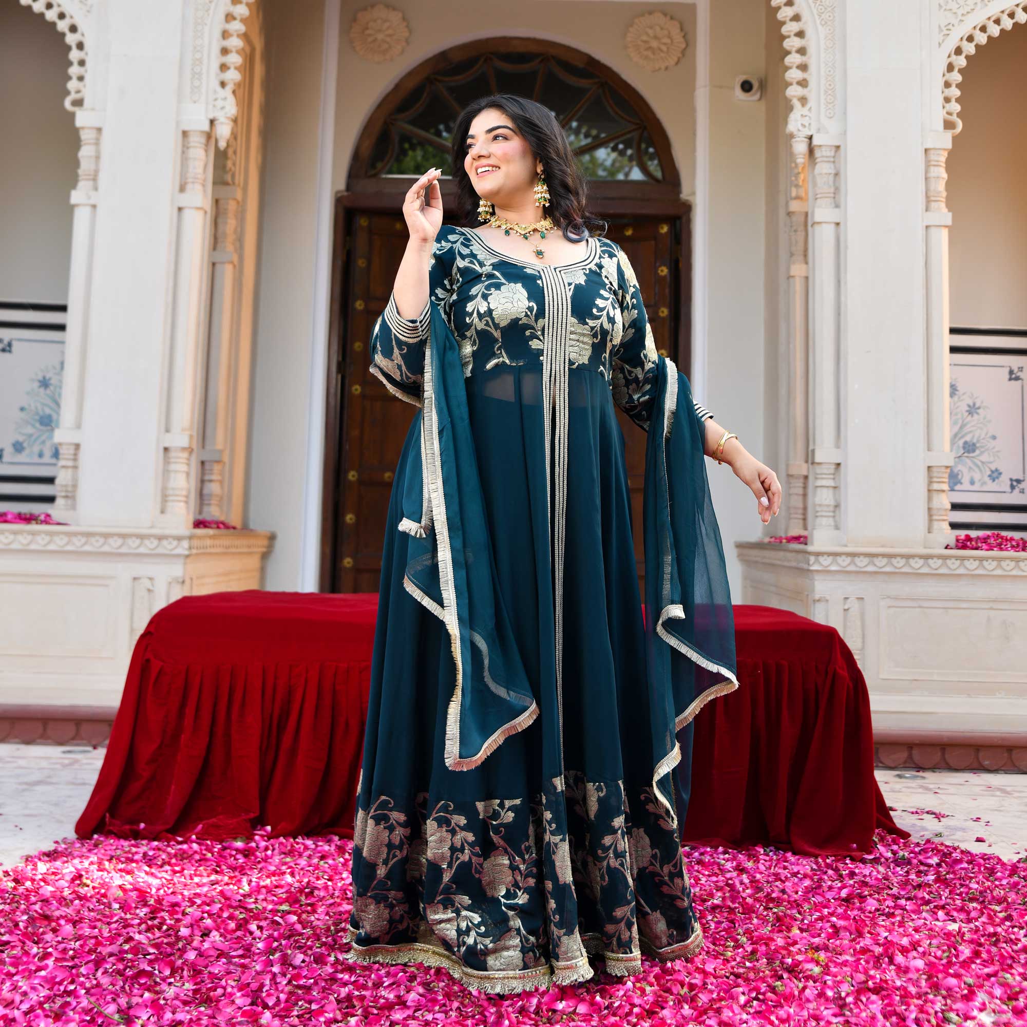 Ambrai- Teal Blue Banarasi Pure Georgette Anarkali Skirt Set