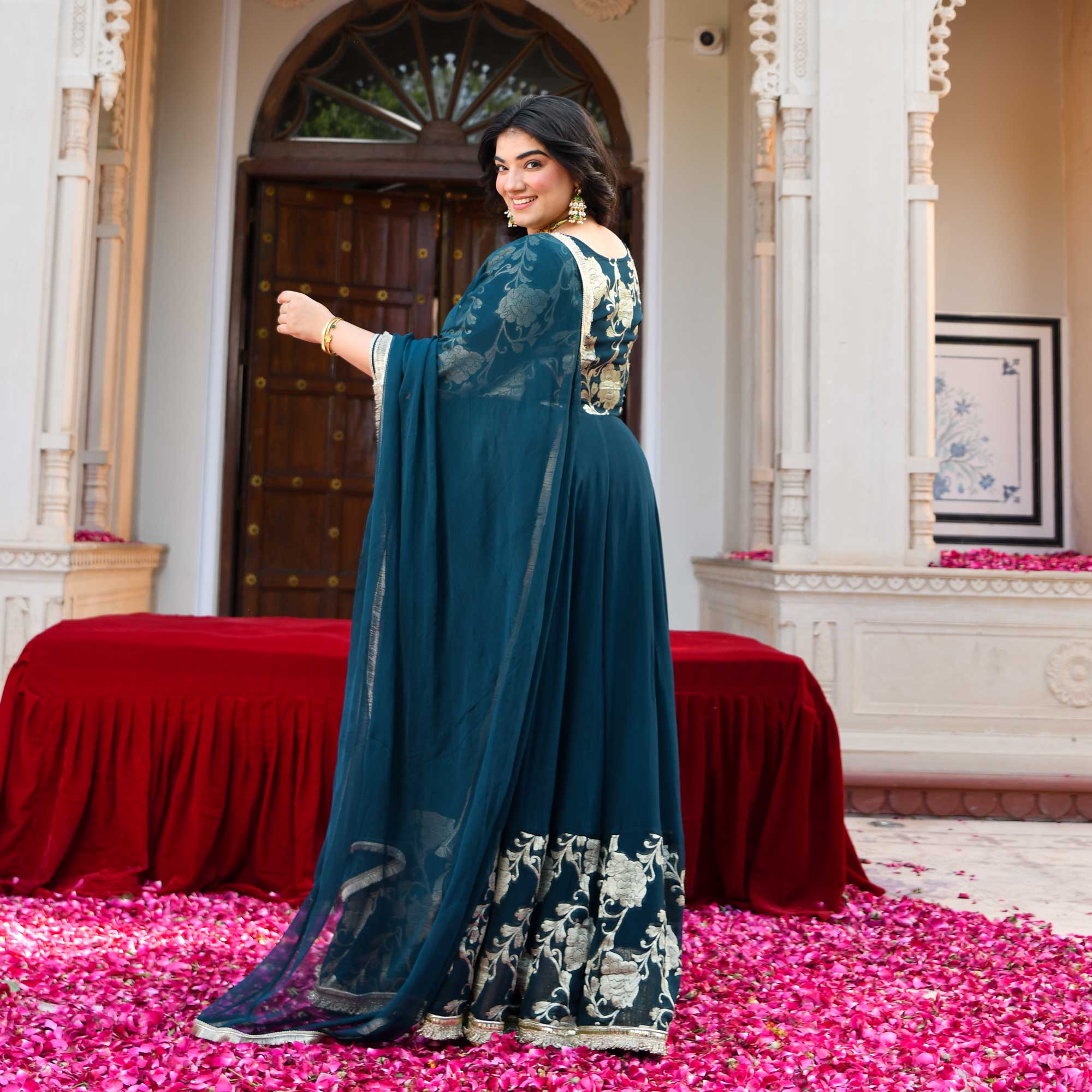 Ambrai- Teal Blue Banarasi Pure Georgette Anarkali Skirt Set