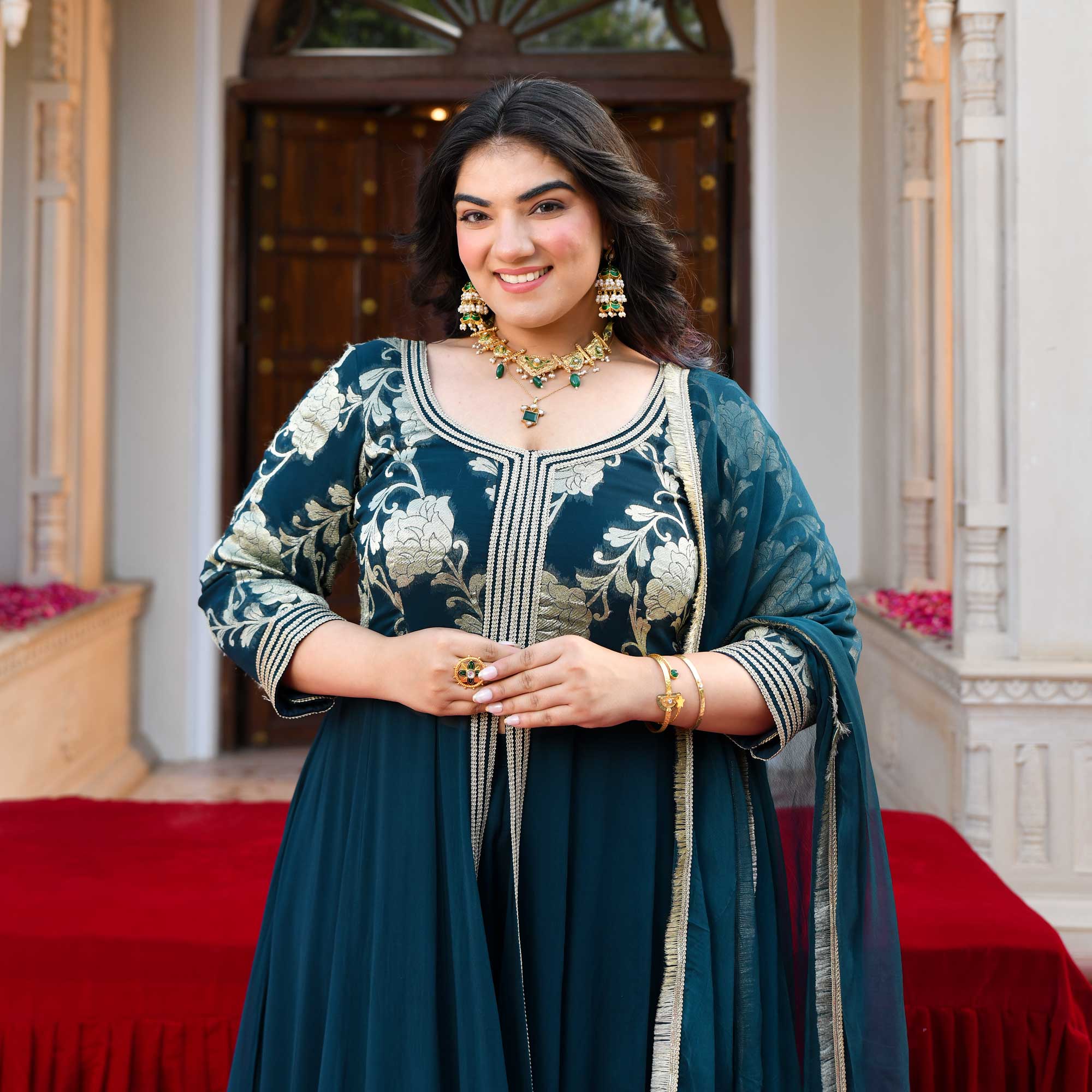 Ambrai- Teal Blue Banarasi Pure Georgette Anarkali Skirt Set