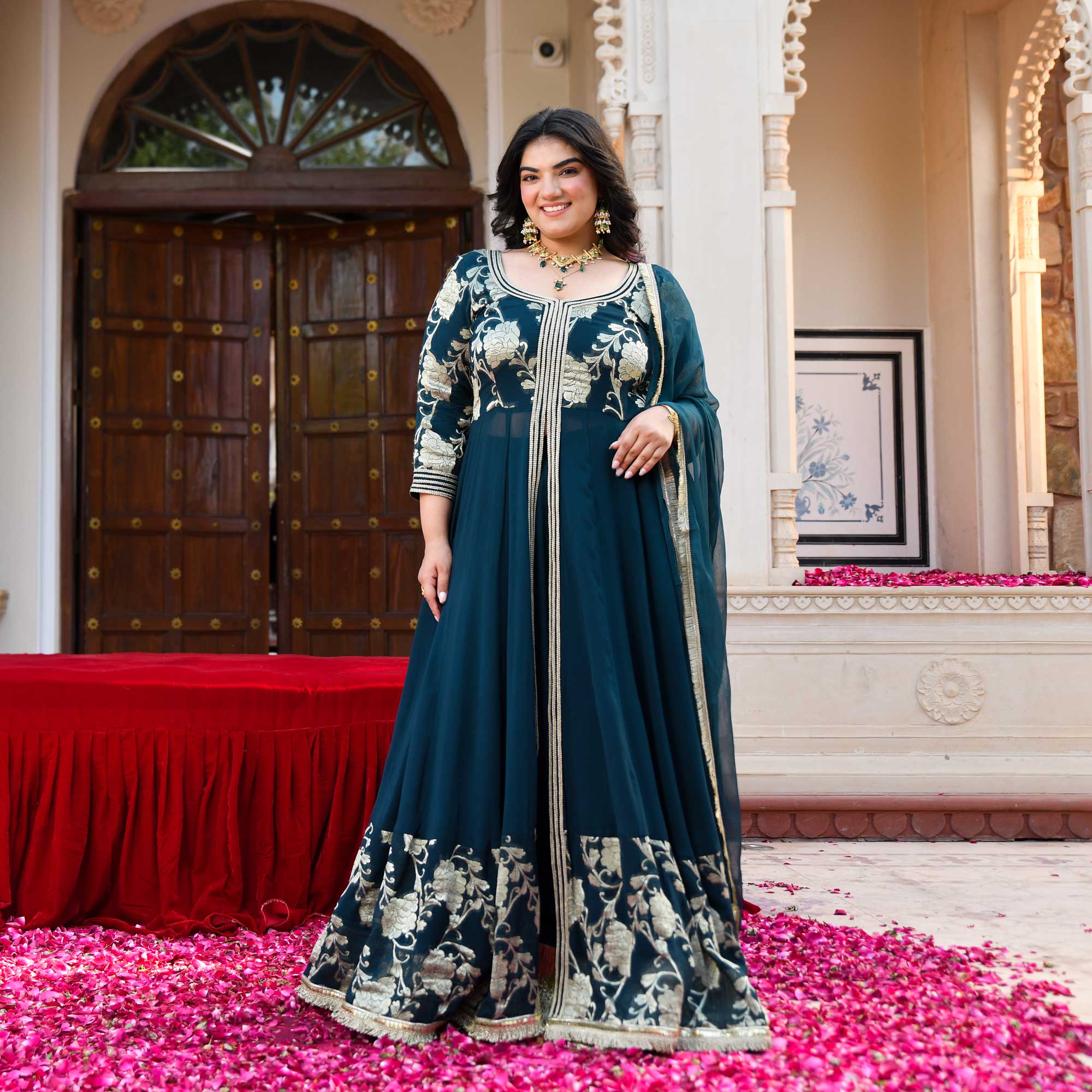 Ambrai- Teal Blue Banarasi Pure Georgette Anarkali Skirt Set