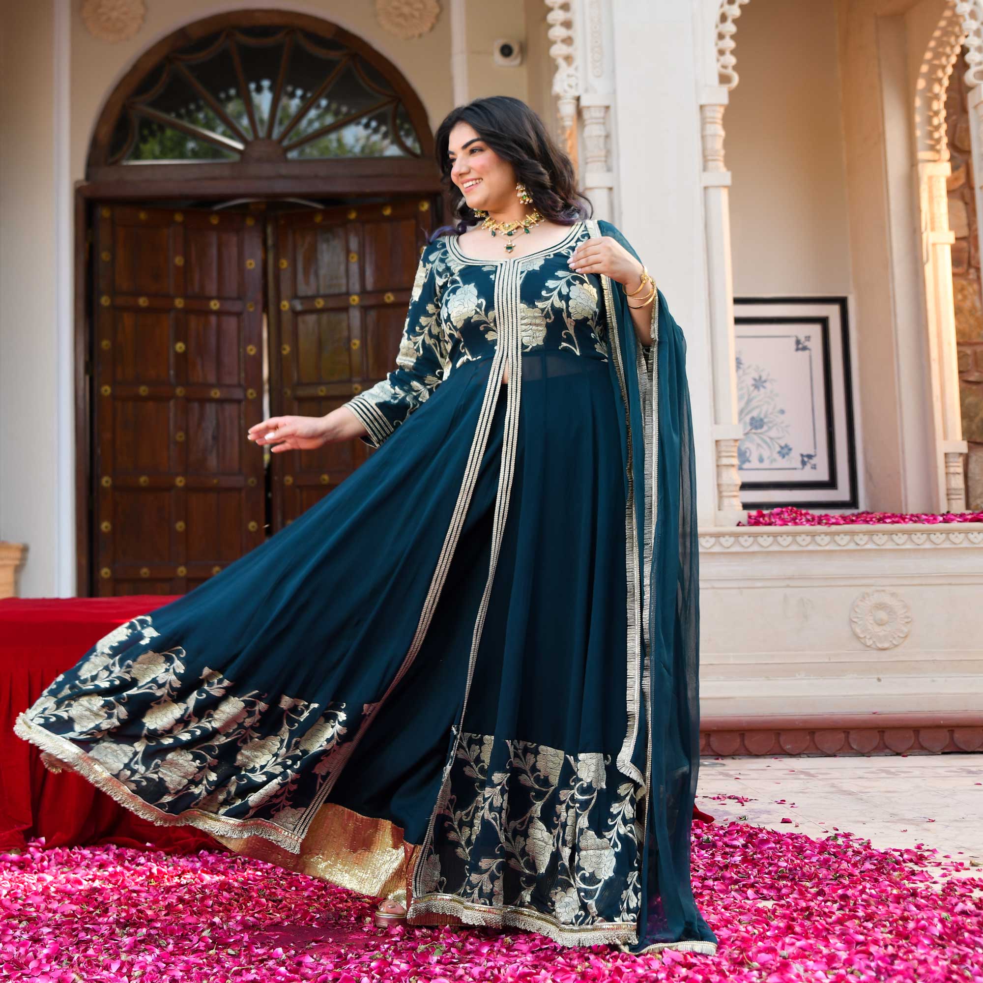 Ambrai- Teal Blue Banarasi Pure Georgette Anarkali Skirt Set