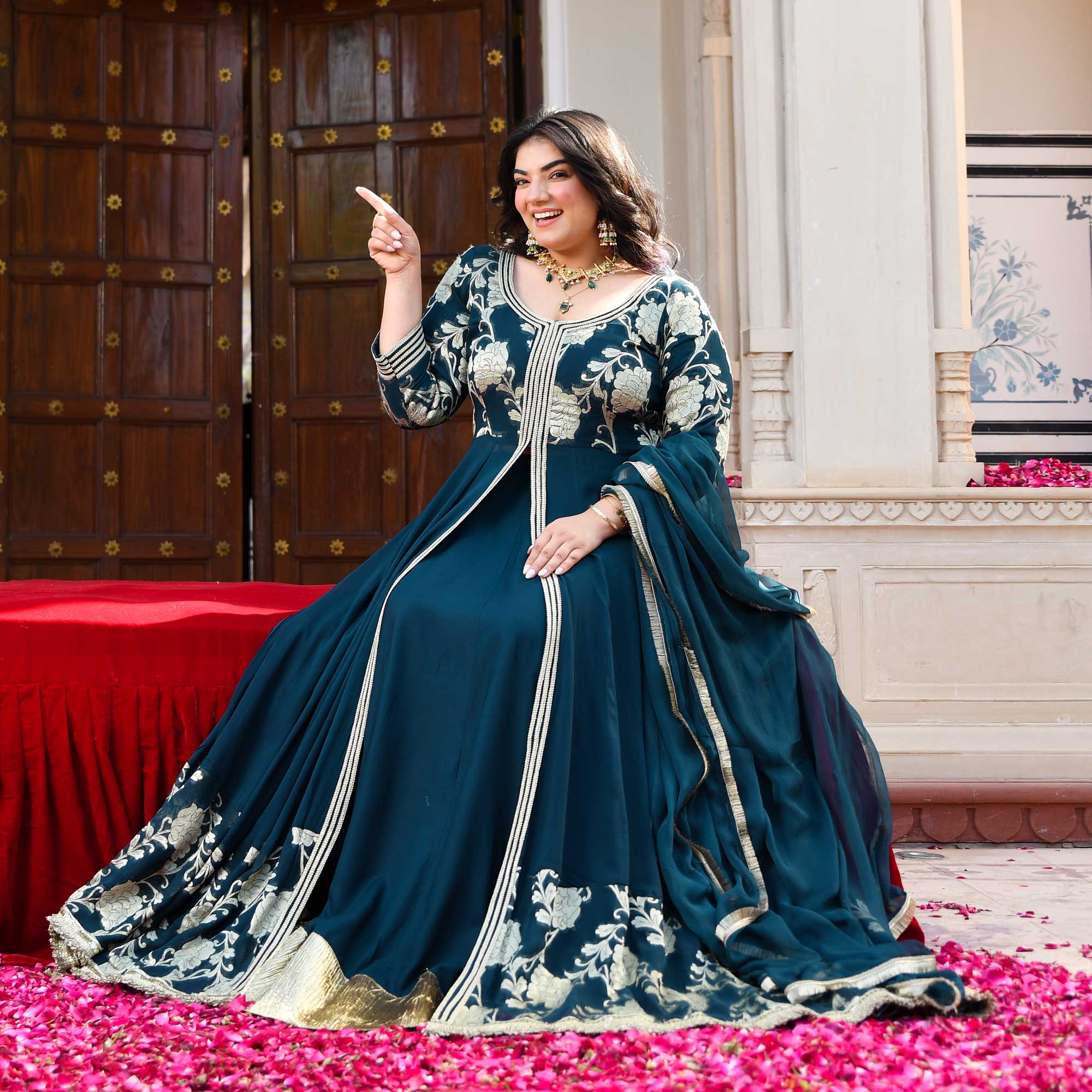 Ambrai- Teal Blue Banarasi Pure Georgette Anarkali Skirt Set