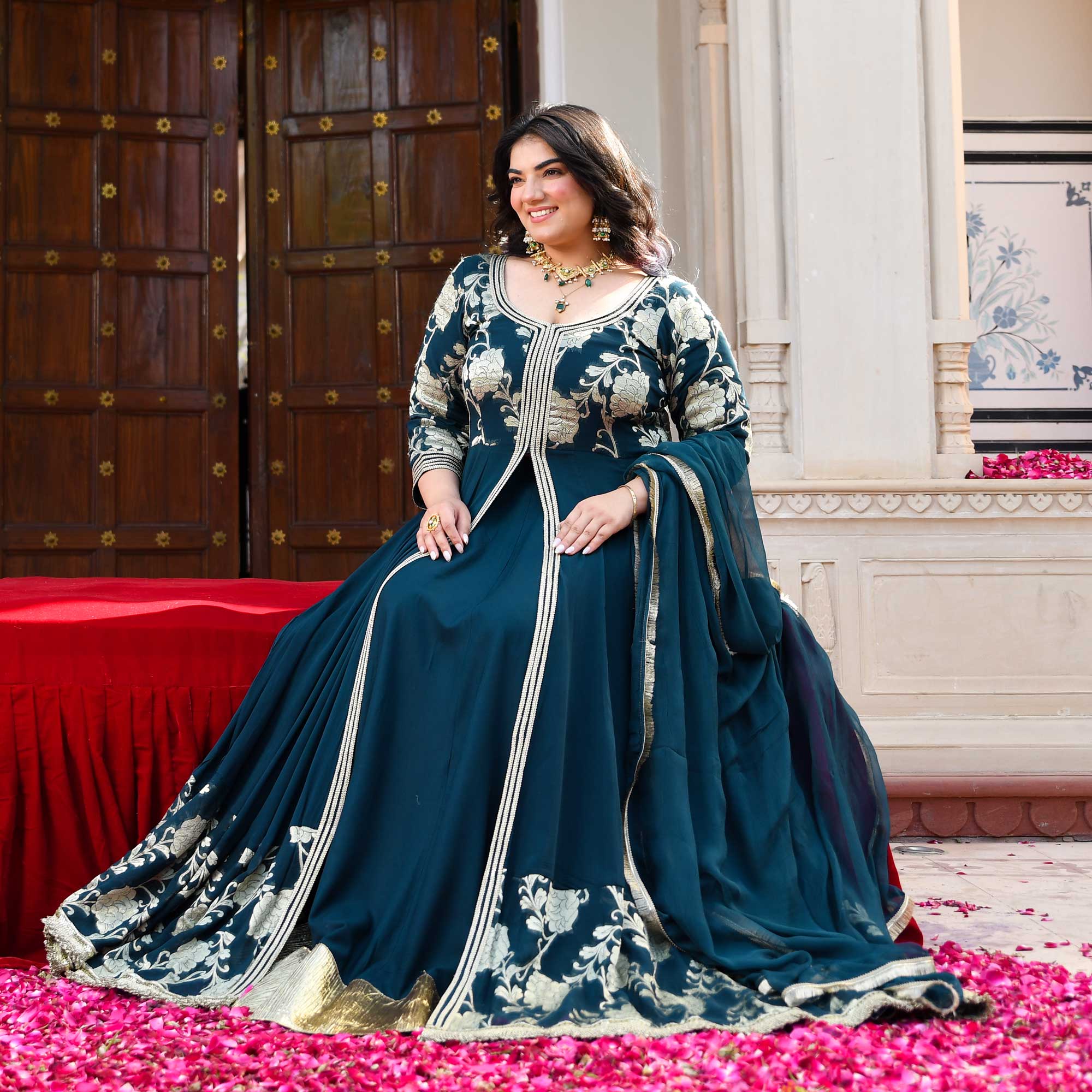 Ambrai- Teal Blue Banarasi Pure Georgette Anarkali Skirt Set