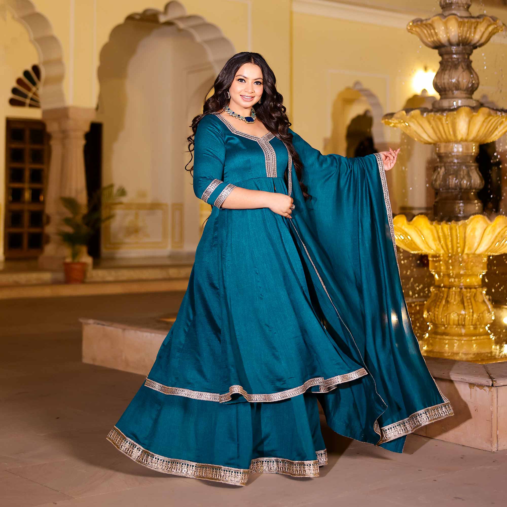 Kingfisher Blue Slit Anarkali Lehenga Set