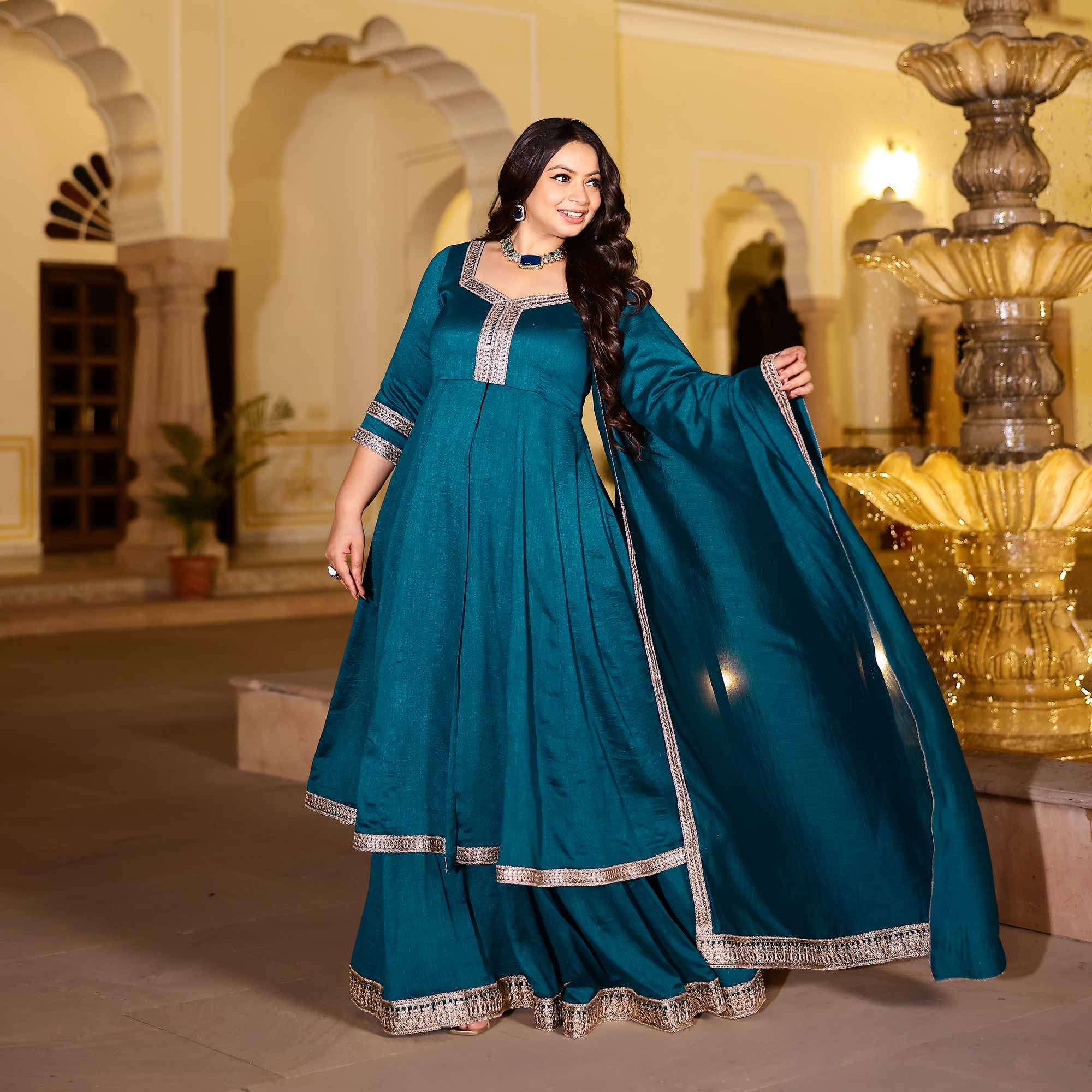 Kingfisher Blue Slit Anarkali Lehenga Set
