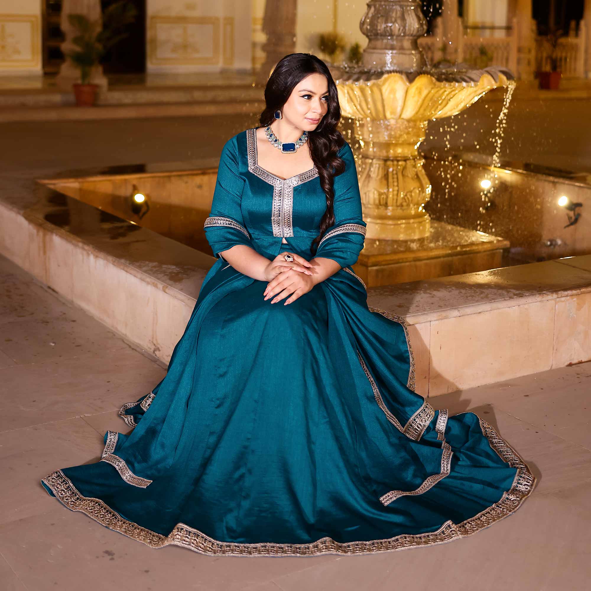 Kingfisher Blue Slit Anarkali Lehenga Set