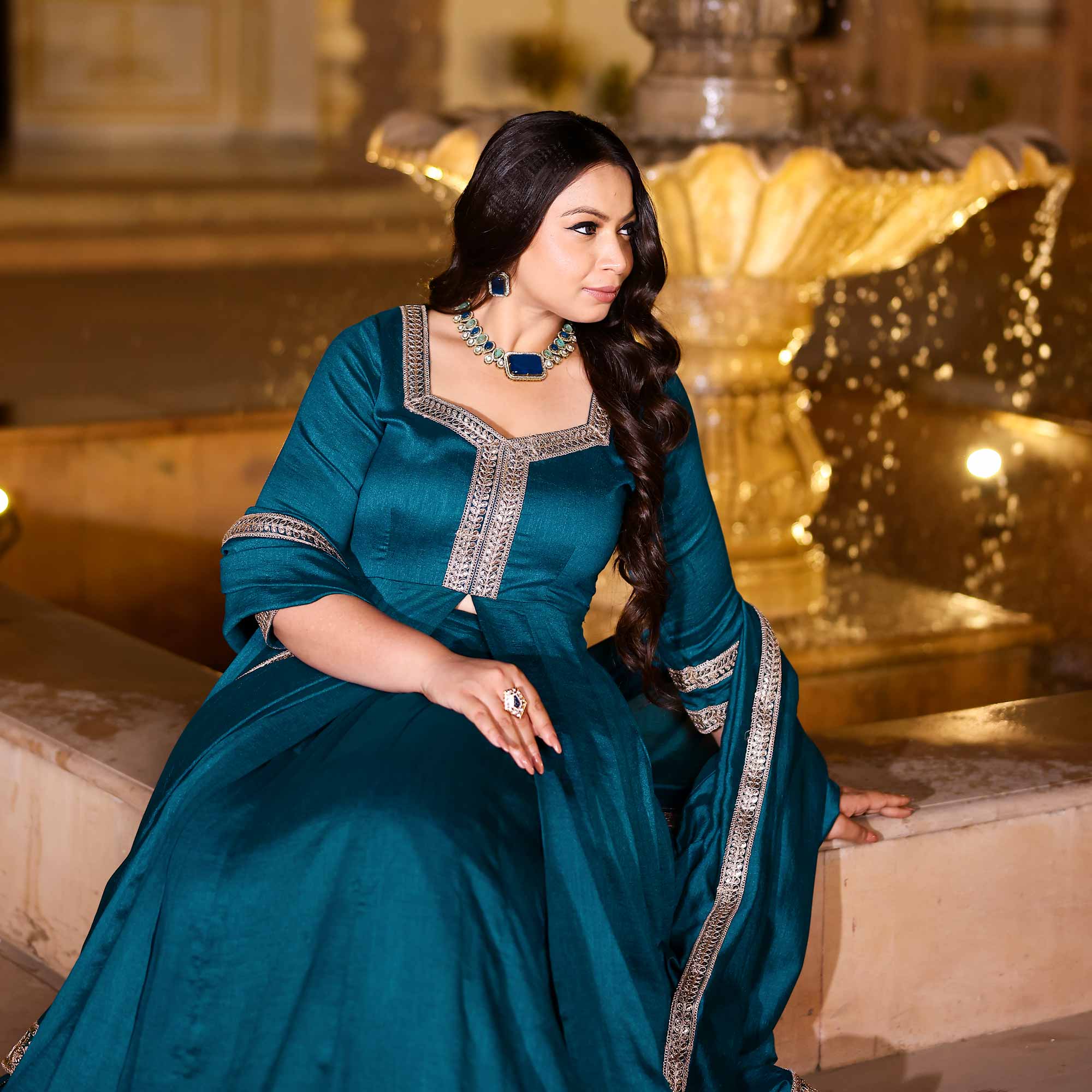 Kingfisher Blue Slit Anarkali Lehenga Set