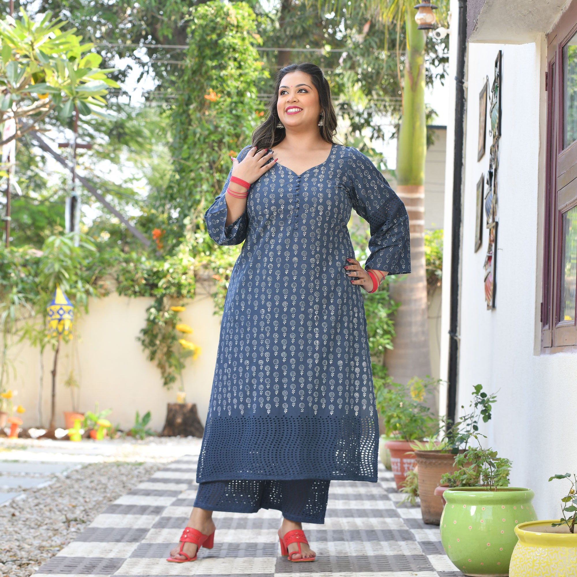 Chand Ka Tukda Handblock Printed Chikankari Kurta Plus Size