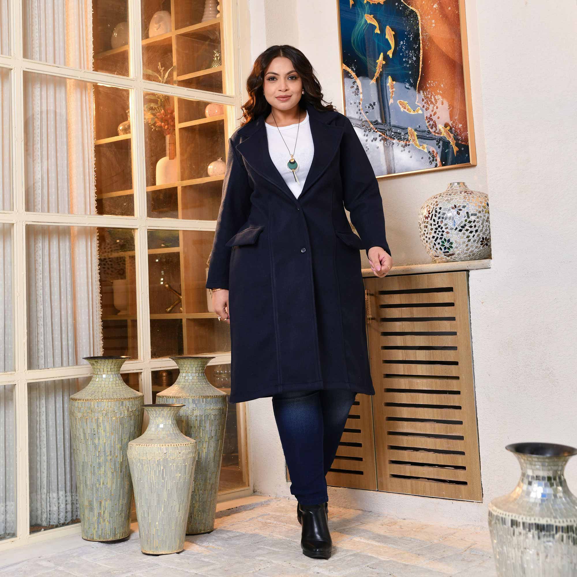 Classic Breeze - Navy Blue Stretchable Woollen Long Coat