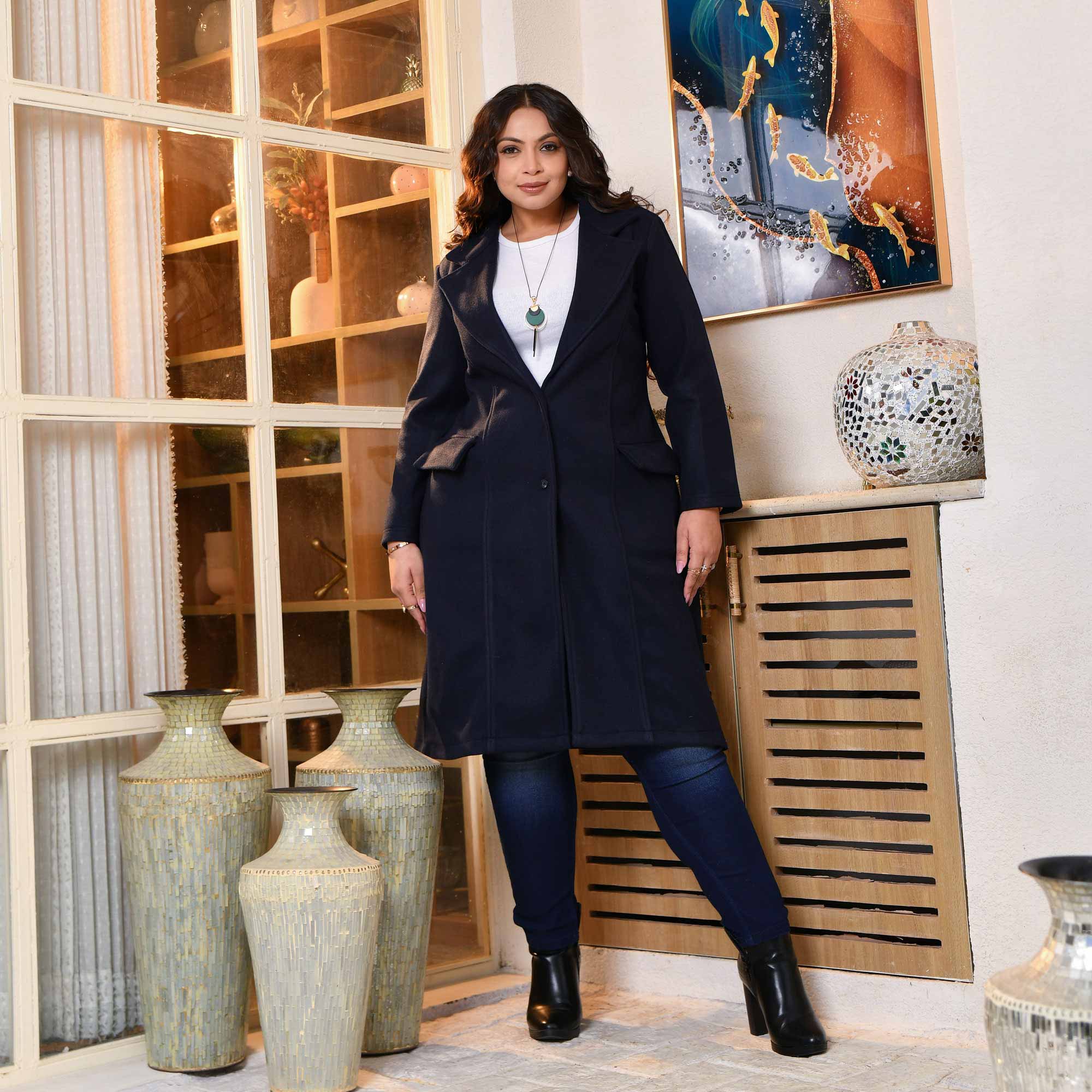 Classic Breeze - Navy Blue Stretchable Woollen Long Coat