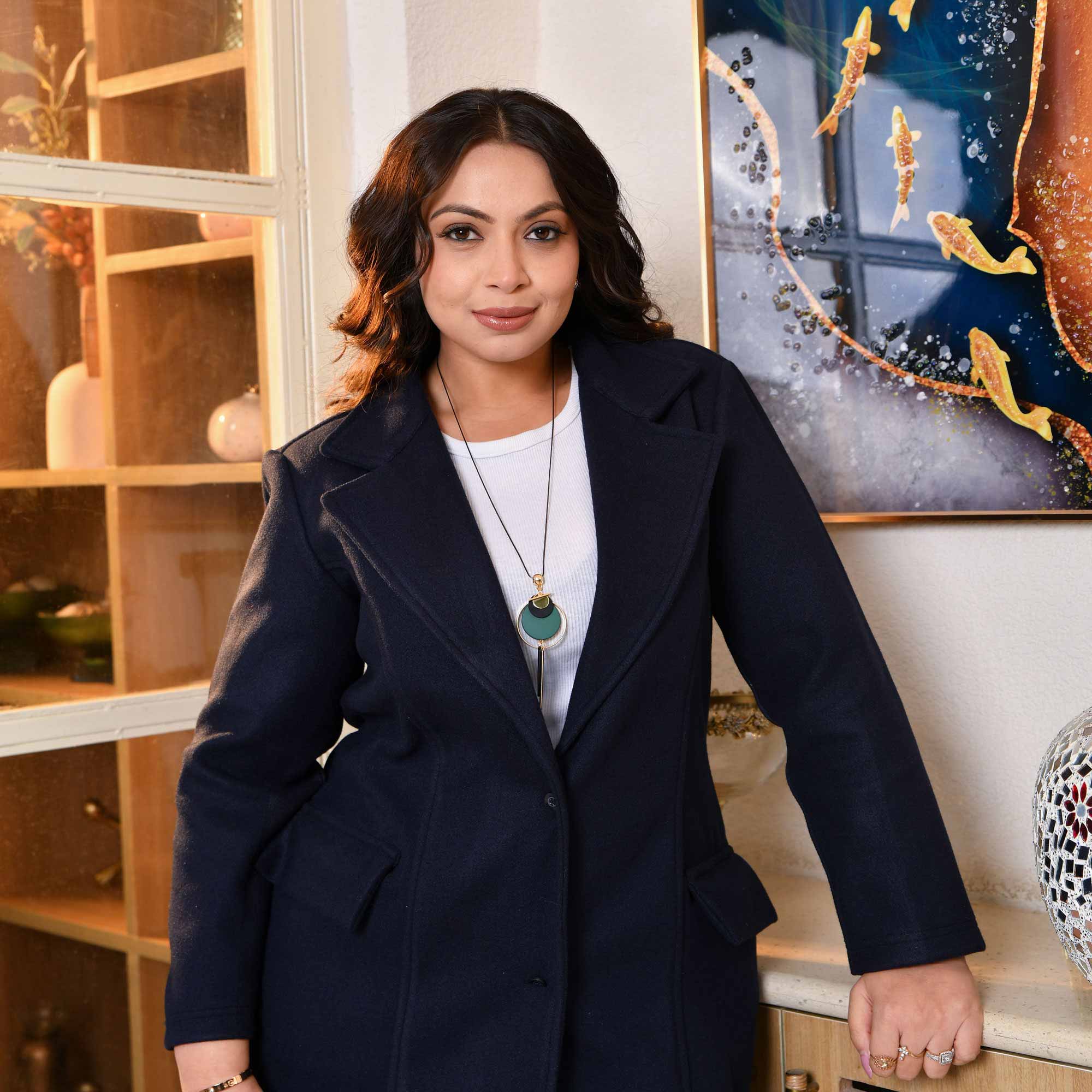 Classic Breeze - Navy Blue Stretchable Woollen Long Coat