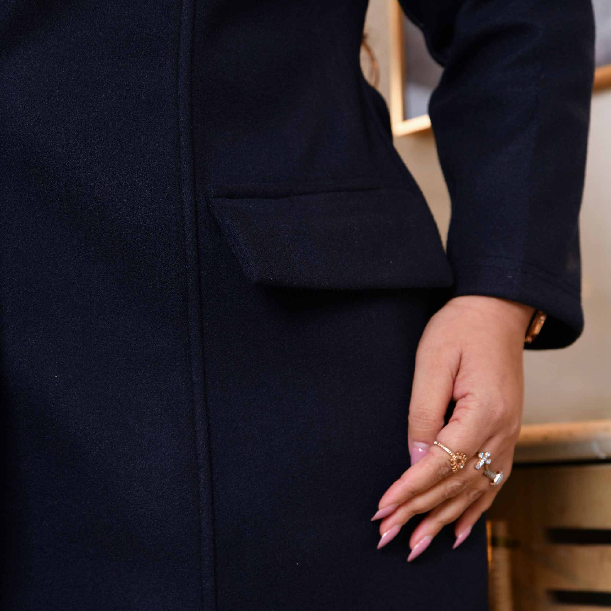 Classic Breeze - Navy Blue Stretchable Woollen Long Coat