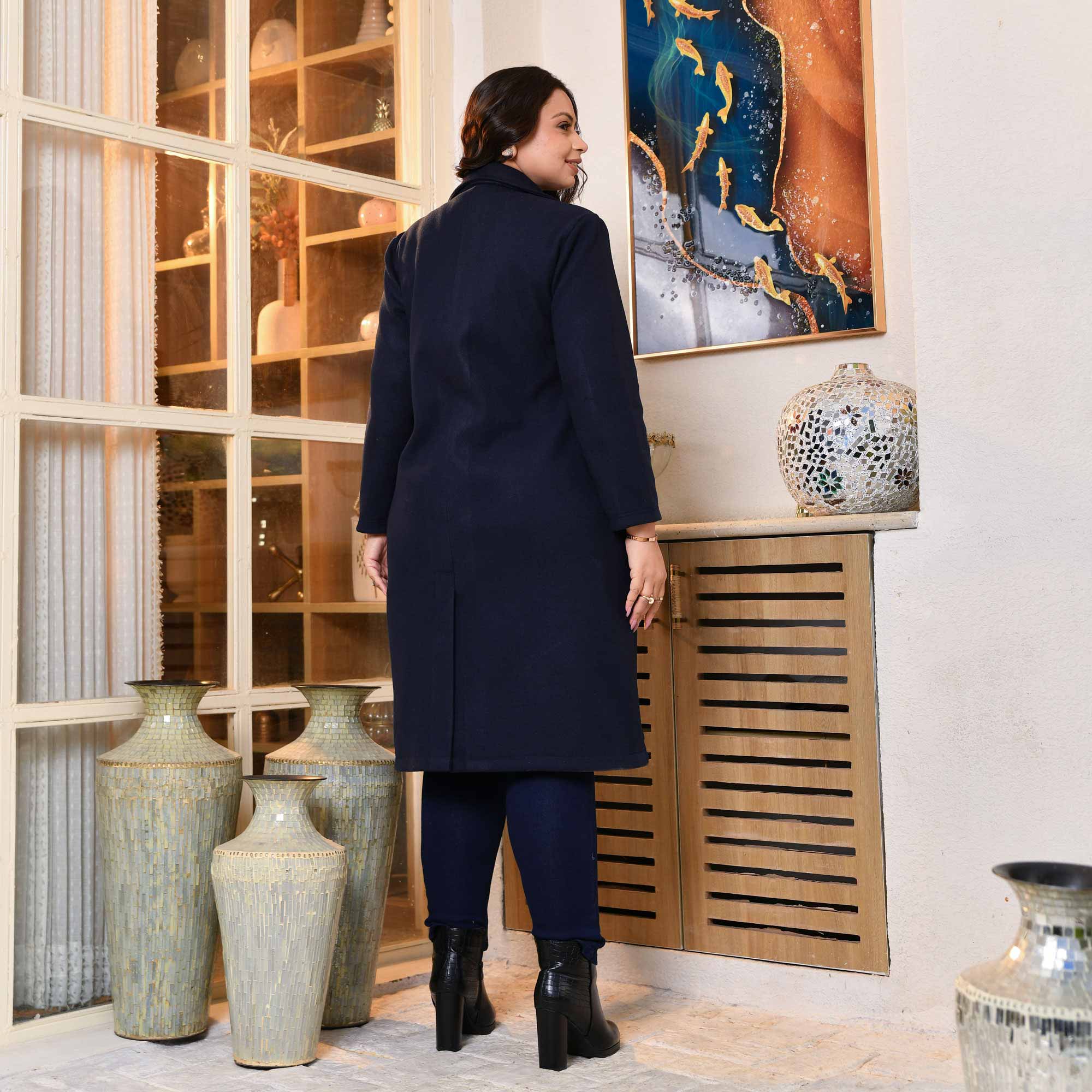 Classic Breeze - Navy Blue Stretchable Woollen Long Coat