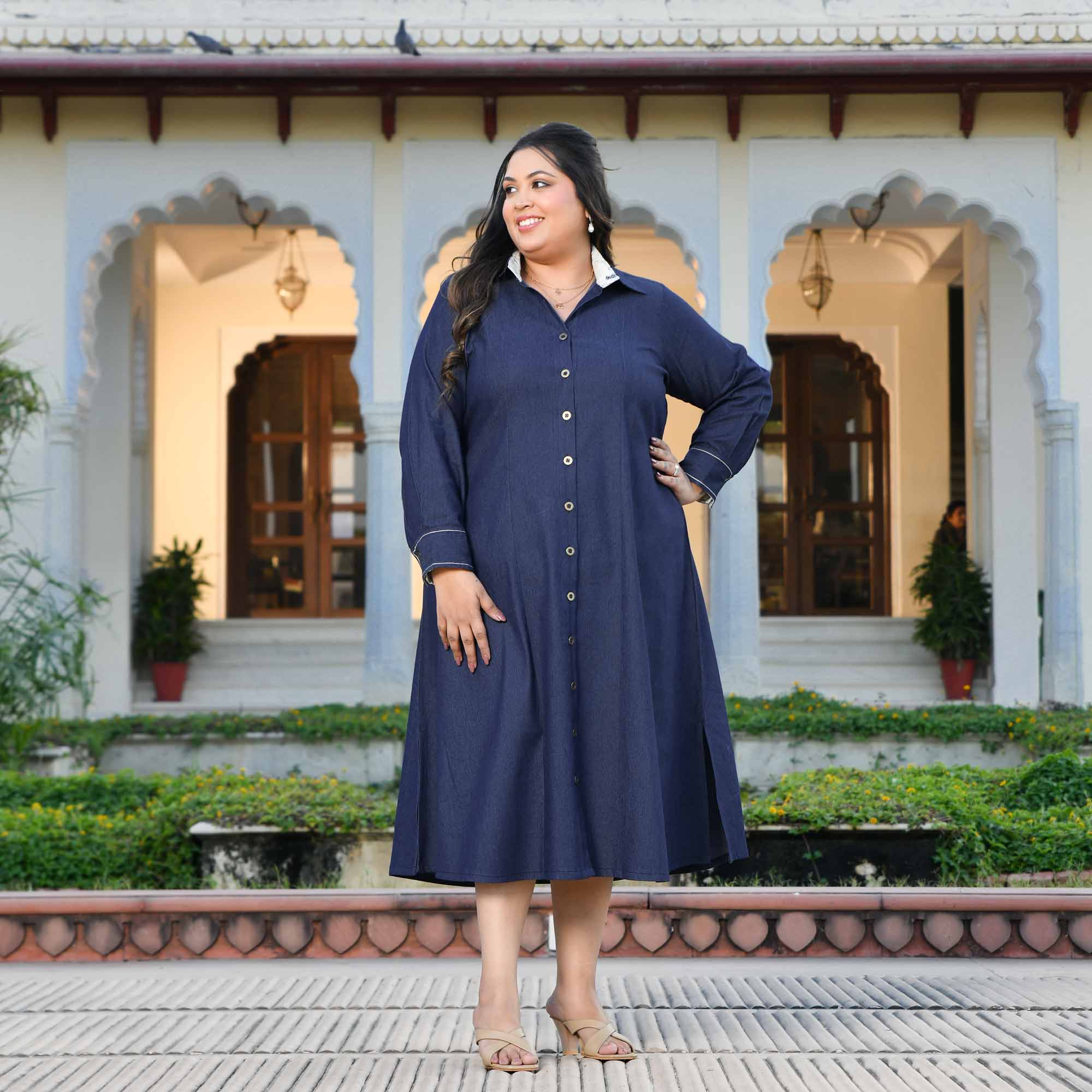Forever- Deep Blue Denim Lycra Aline Shirt Dress