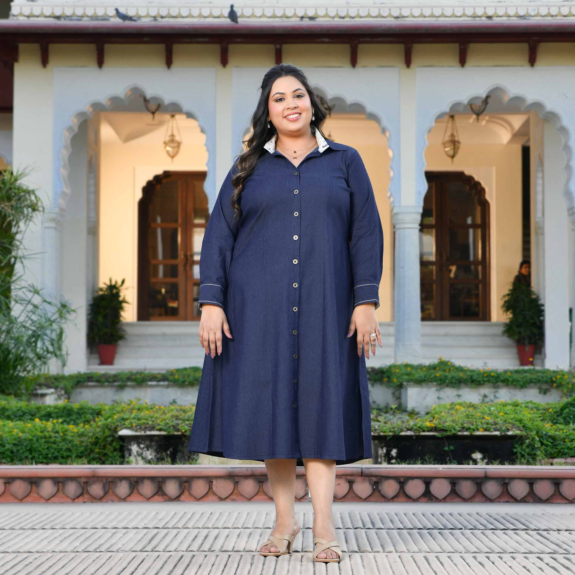 Forever- Deep Blue Denim Lycra Aline Shirt Dress