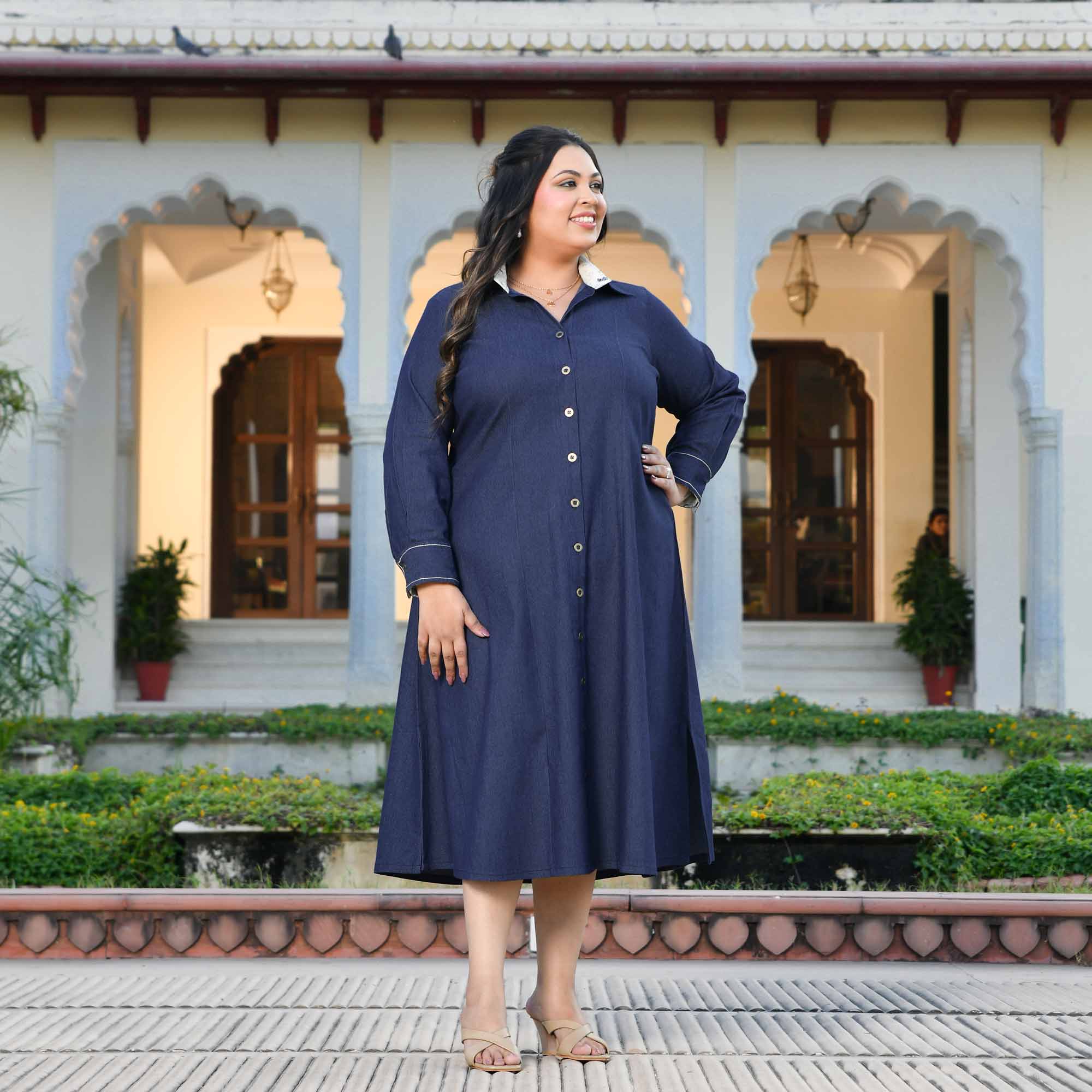 Forever- Deep Blue Denim Lycra Aline Shirt Dress