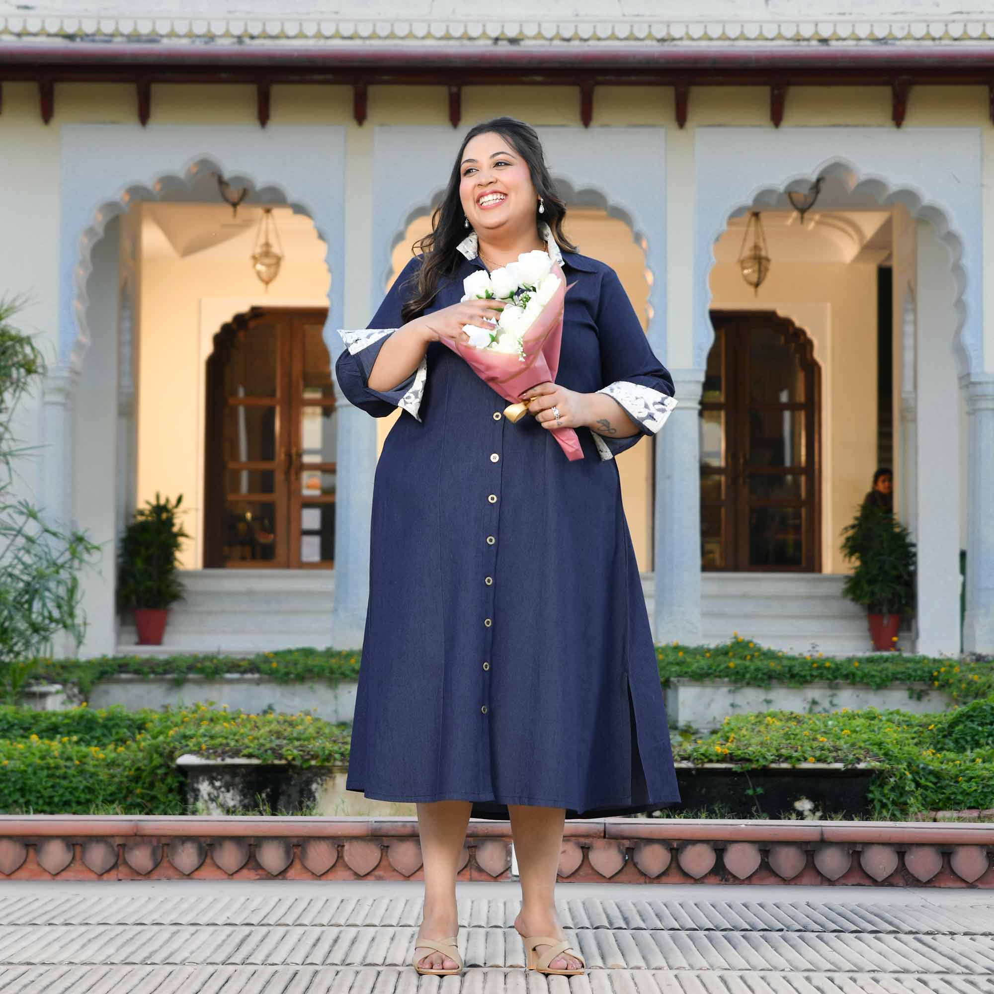 Forever- Deep Blue Denim Lycra Aline Shirt Dress