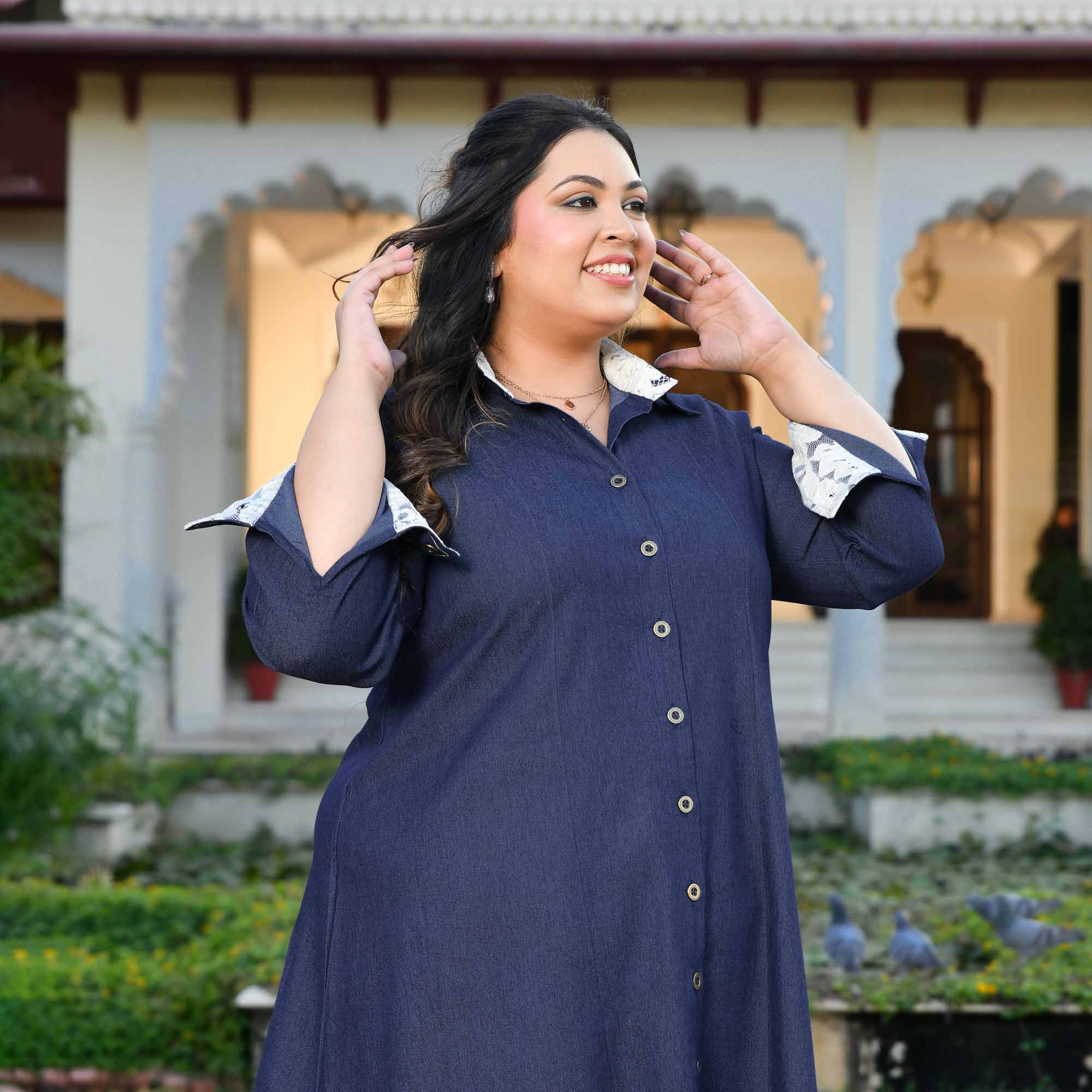 Forever- Deep Blue Denim Lycra Aline Shirt Dress