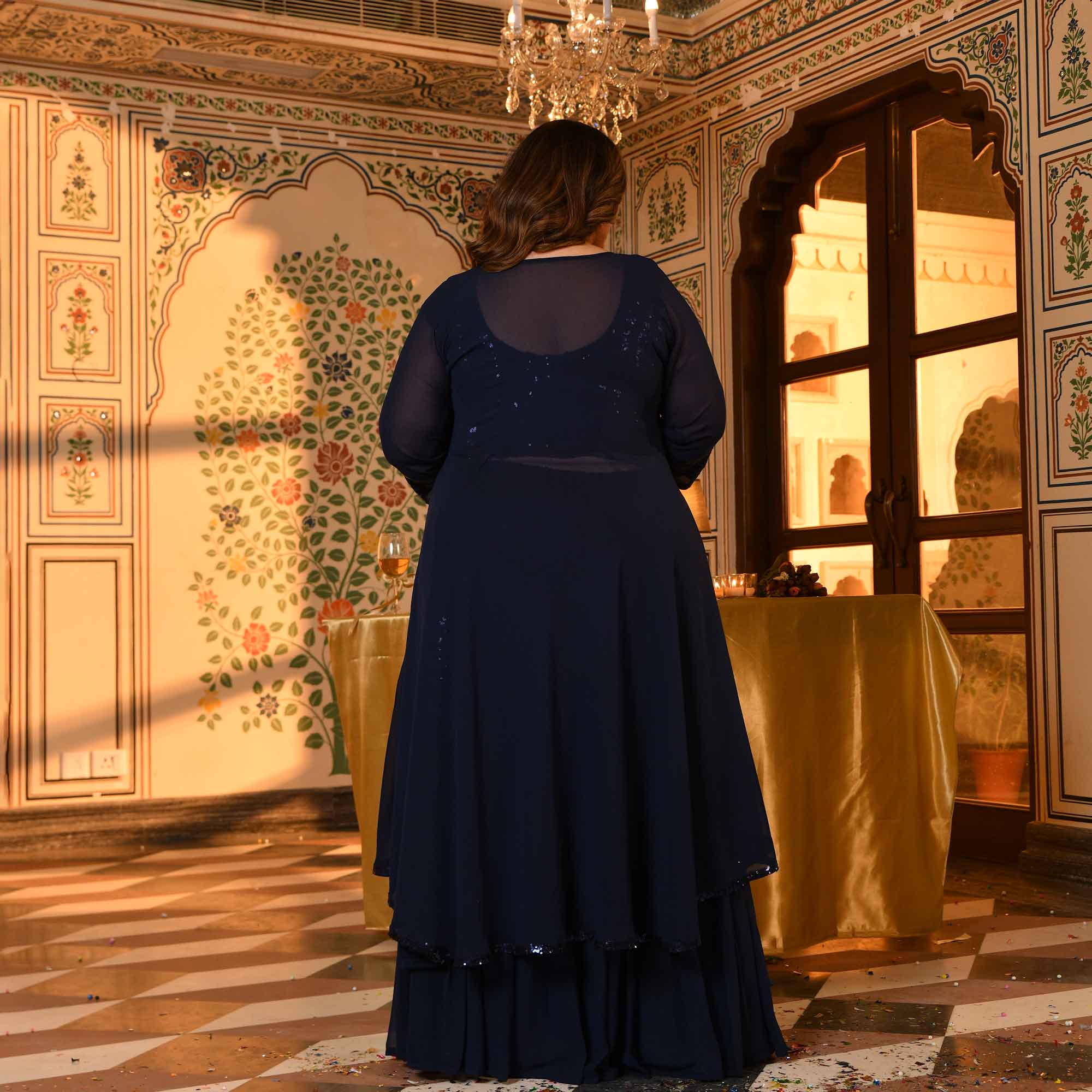 Martini- Navy Blue Sequin Embellished Drape Saree Set with Cape