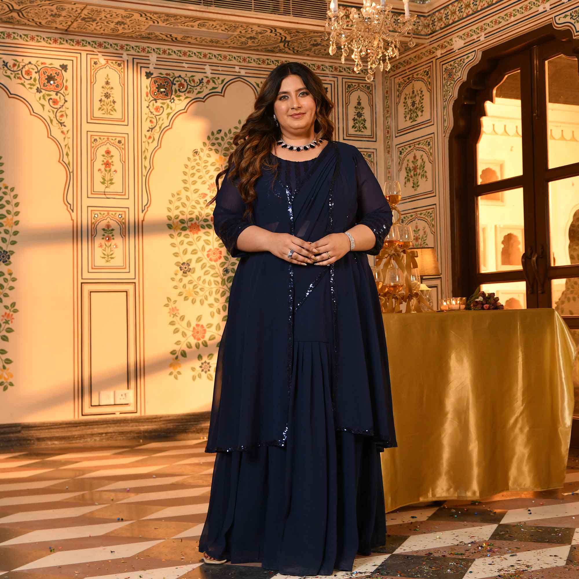 Martini- Navy Blue Sequin Embellished Drape Saree Set with Cape