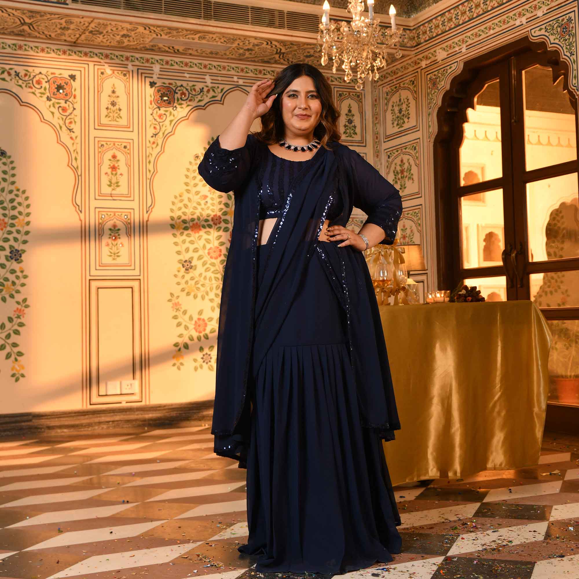 Martini- Navy Blue Sequin Embellished Drape Saree Set with Cape