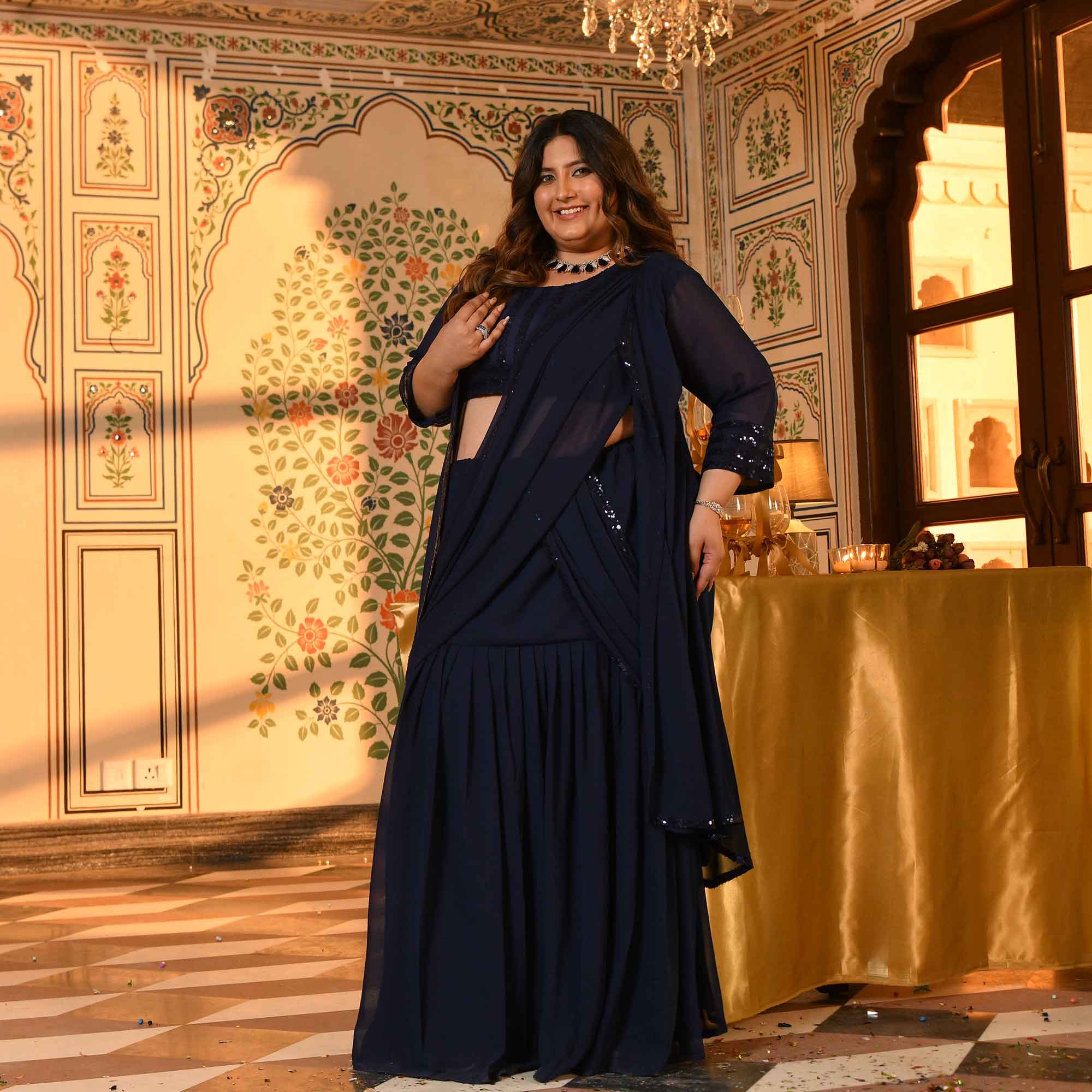 Martini- Navy Blue Sequin Embellished Drape Saree Set with Cape