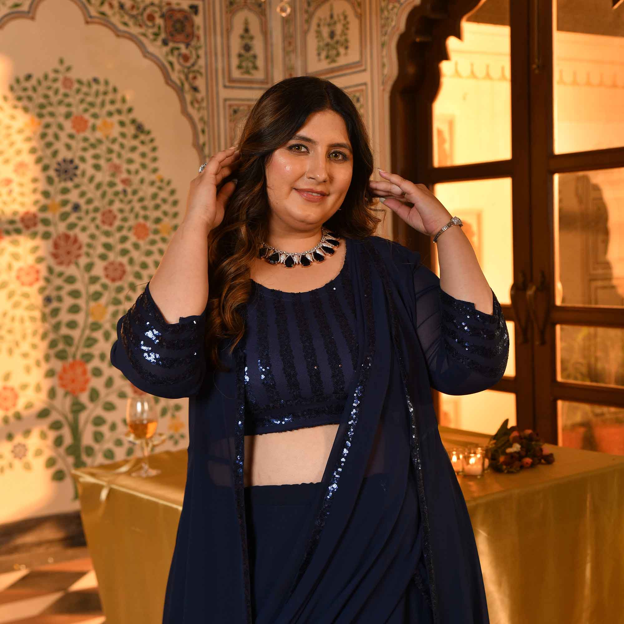 Martini- Navy Blue Sequin Embellished Drape Saree Set with Cape