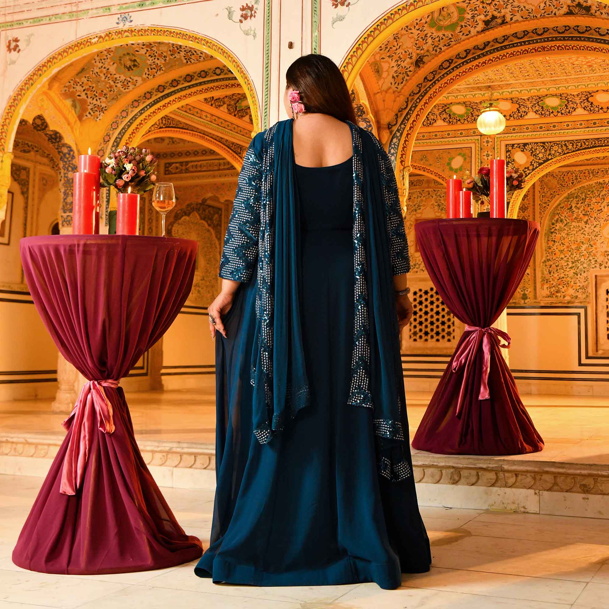 Tiffany- Deep Teal Sequin Embroidered Drape Anarkali Dress